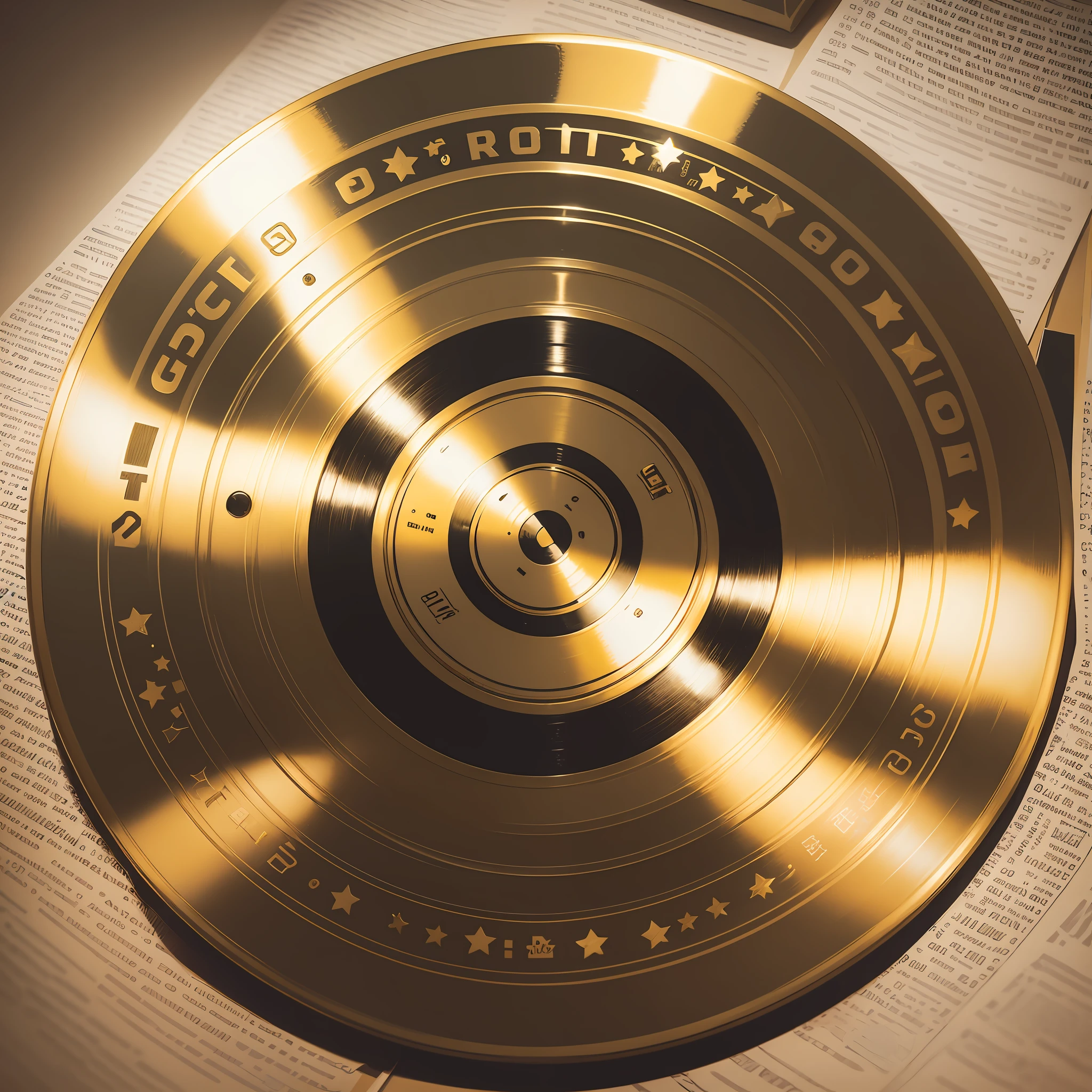 Podcast logo, Stilo pixel style, gold background, worn and old paper cover. In the foreground is an image of a retro vinyl record. The font is made in large letters decorated with an edge of small lamps. Add some additional elements such as gold stars, highlights, high details, symmetry --auto --s2
