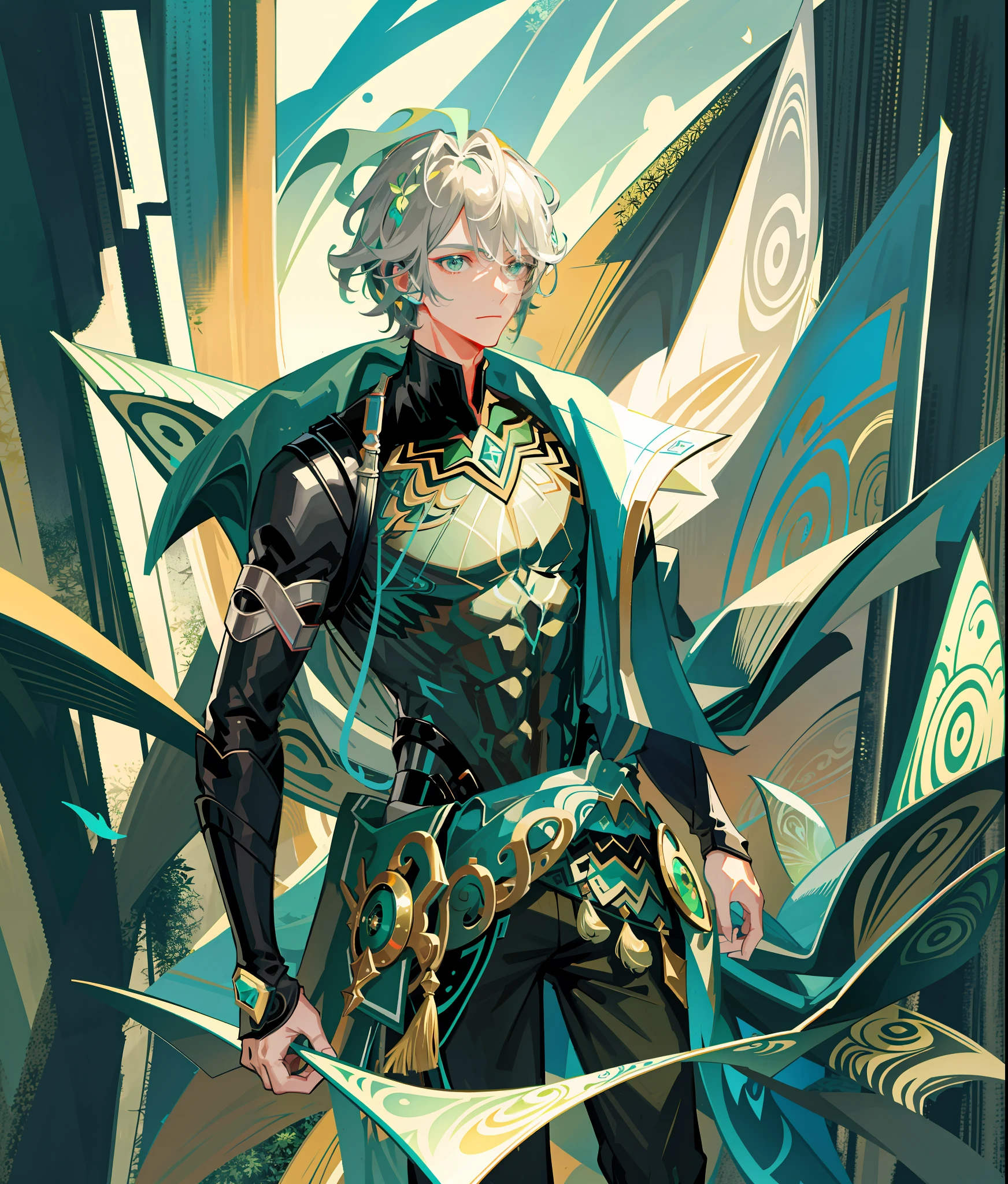 best quality, masterpiece, highres, 1boy,male,solo, mature male, grey hair, teal eyes, green fractal swirls around him, green fractal background, plants, leaf, nature magic