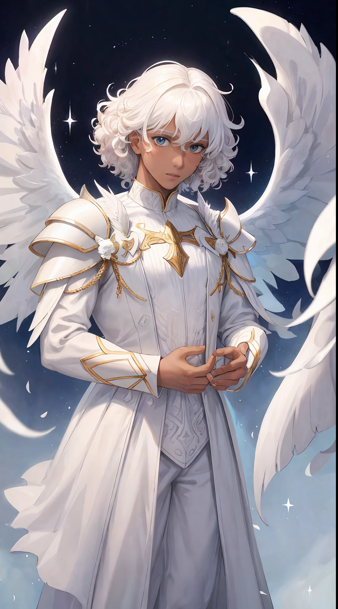 "((1 man):1.2) + white clothes + white armor + multiple + large wings + fairy + angel + curly hair + [dark skin: 0.9]" → "A man with large wings and curly hair, dressed in white clothes and armor, in a magical scene of fairies and angels, and with dark skin weighted to 0.9."