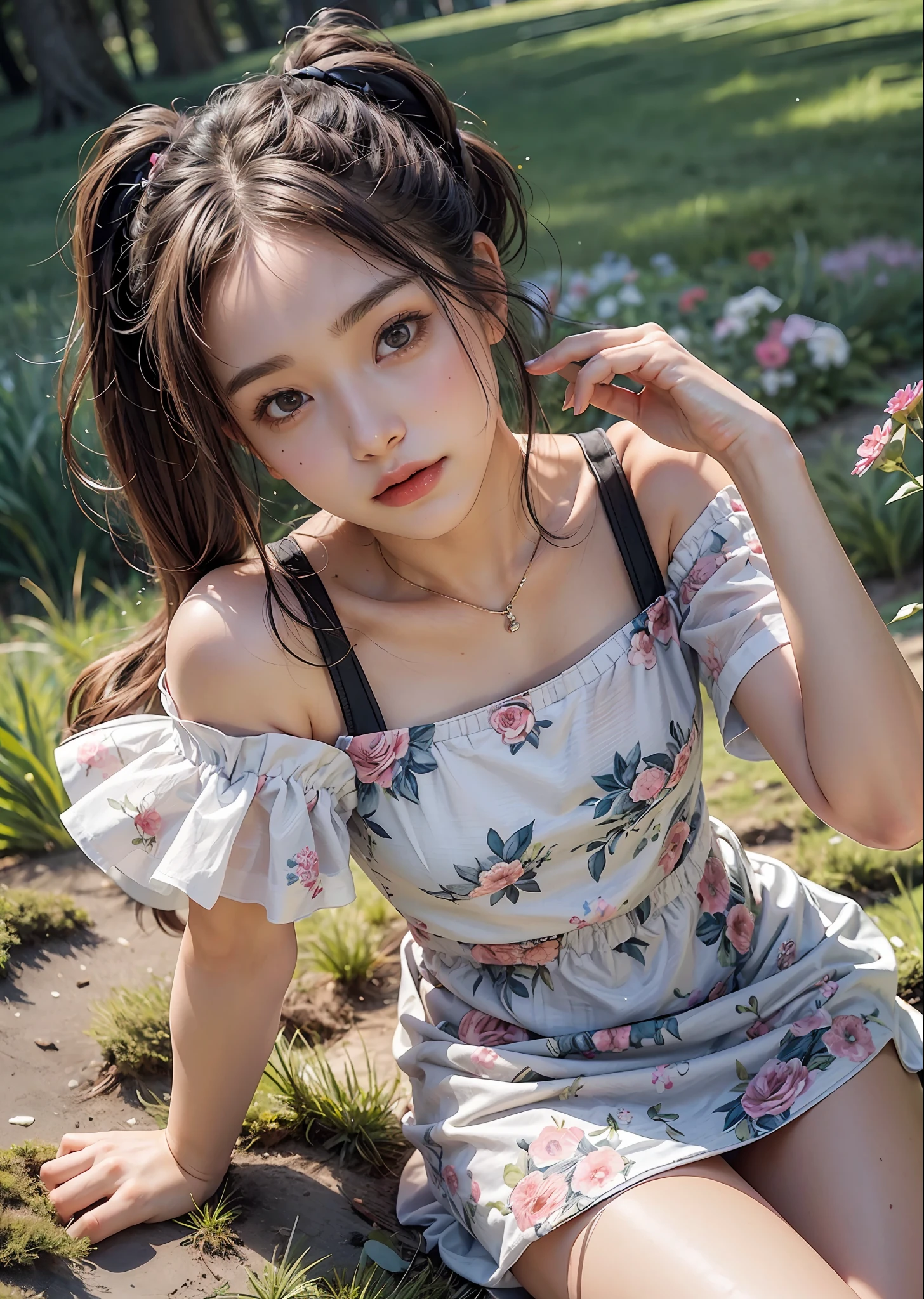 Masterpiece, best quality, (2girls), 18-year-old woman, cute adorable beautiful girl, (flat chest), petite, short black pigtails, porcelain skin, smile, happy, looking at viewer,
beautiful floral print dress,
sitting down in the grass , beautiful public park , flowers bushes and trees, v arms, from above,
photorealistic, photo, photorealism, photorealistic digital art trending on Artstation 8k HD high definition detailed realistic, detailed, skin texture, hyper detailed, realistic skin texture, armature, best quality, ultra high res, photorealistic,, high resolution, detailed, raw photo,