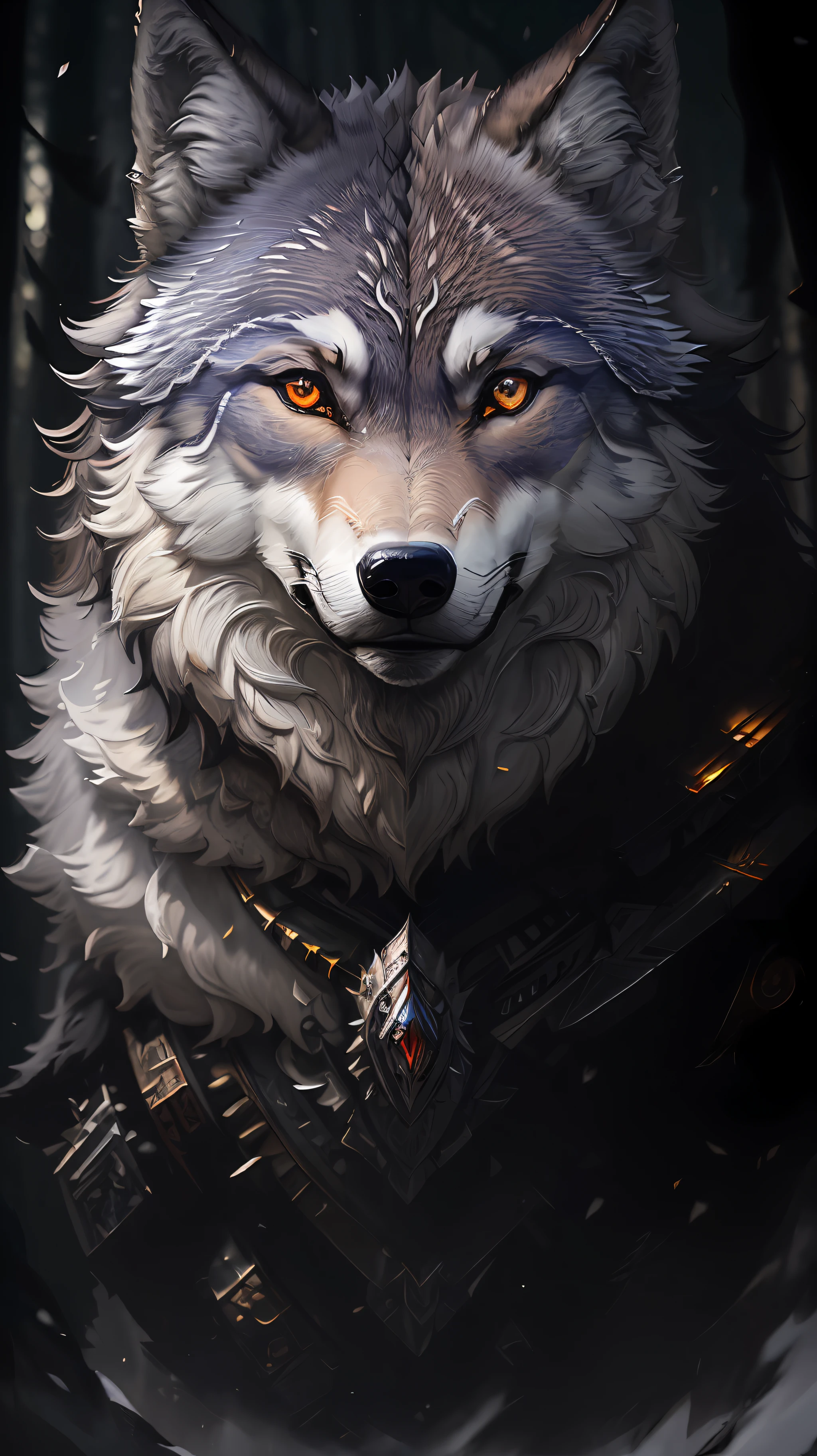 Masterpiece, best quality, ((Beautifully detailed Wolf)) (very detailed CG Unity 8k wallpaper), professional majestic oil paintings by Ed Blinky, Athea Gaylan, Studio Ghibli, Jeremy Mann, Greg Manchessa, Antonio Moro, popular on ArtStation, trending Midjourney and Greg Rutkowski CGSociety, intricate, high detail, clear focus, dramatic, realistic painting