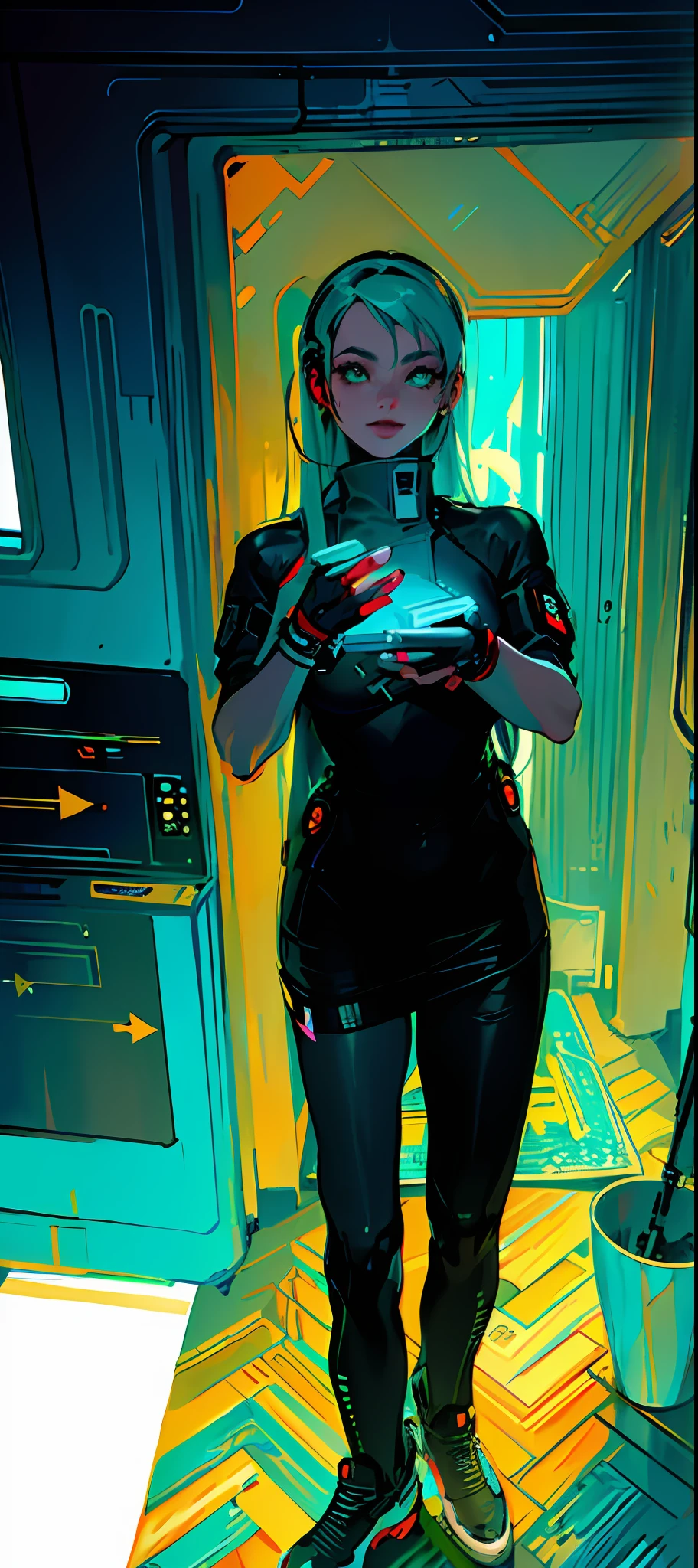 round image,(masterpiece:1.3), (the best quality:1.2), (super fine illustrations:1.2), (Masterpiece), high quality, high detail,(SOLO:1.4),((round image)),[(white background:1.1)::5],[(cyberpunk:1):5],[(game character portrait:1.2):5],

{1 girl},{solo},(((full body))),{{{only five fingers}}},((yellow))long  hair((yellow and (White) ends)),long hair,whole body, pantyhose,look at viewer, from above, aqua eyes, cyberpunk,