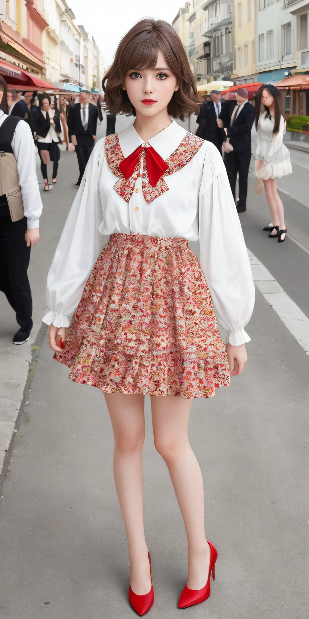 (ta: 1.2), (flower print: 1.2), (white long sleeves), leather shoes, 1 girl, full body, high heels, (short hair: 1.1), (realistic: 1.7), (best quality)), ridiculous, (ultra high resolution), (realistic: 1.6), realistic, octane rendering, (surreal: 1.2), (realistic face: 1.2), (8k), (4k), (masterpiece), (realistic skin texture), (illustration, movie lighting), (beautiful eyes: 1.2), (perfect face)))), (cute), (standing), (brunette hair), (short hair), dark eyes, red lips, (street),