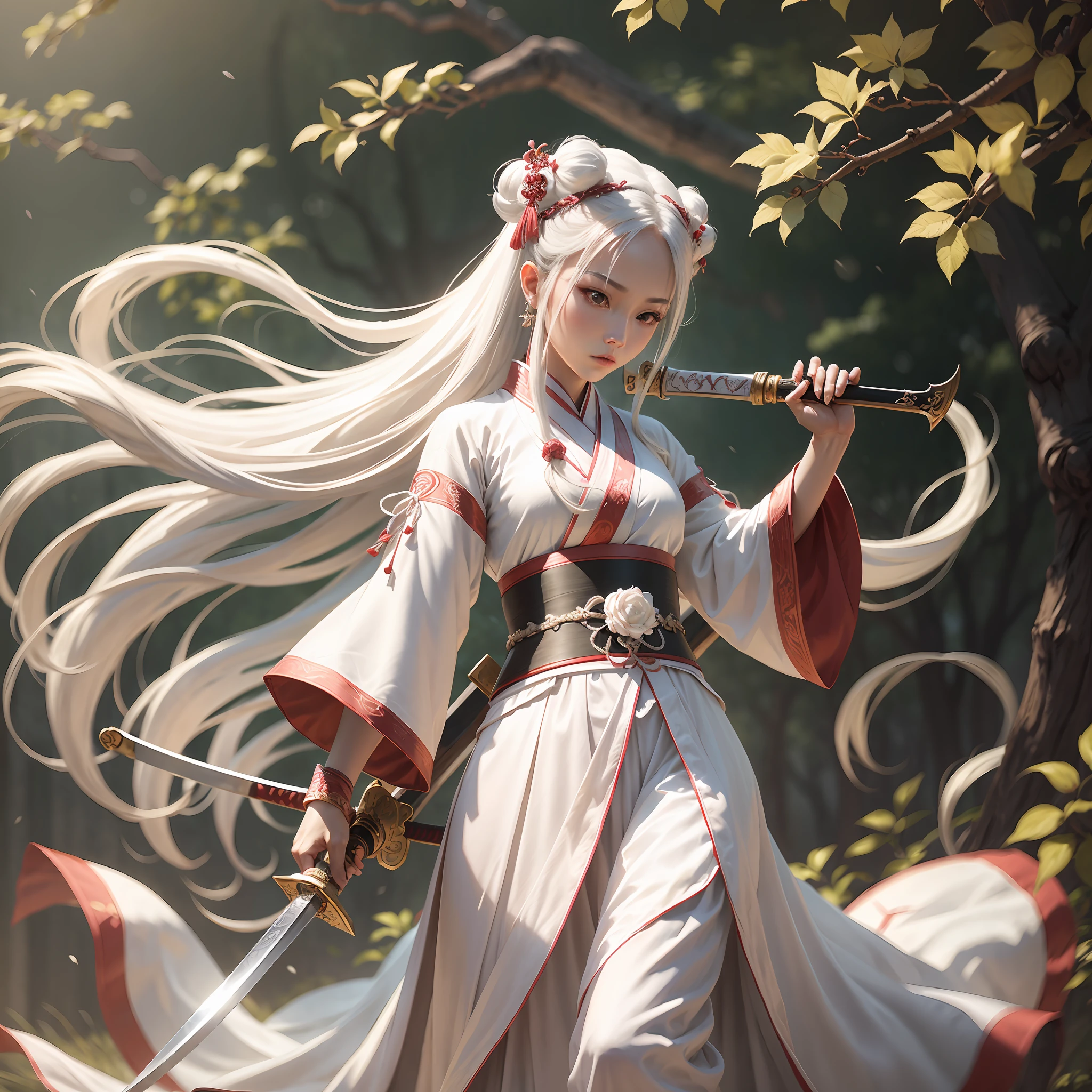 Wuxia, white Hanfu, white long hair, personable, delicate face, sword at waist, red belt, wine jug, wanton, white clothes, fairy fluttering, heroic, free, details, HD picture quality --auto --s2