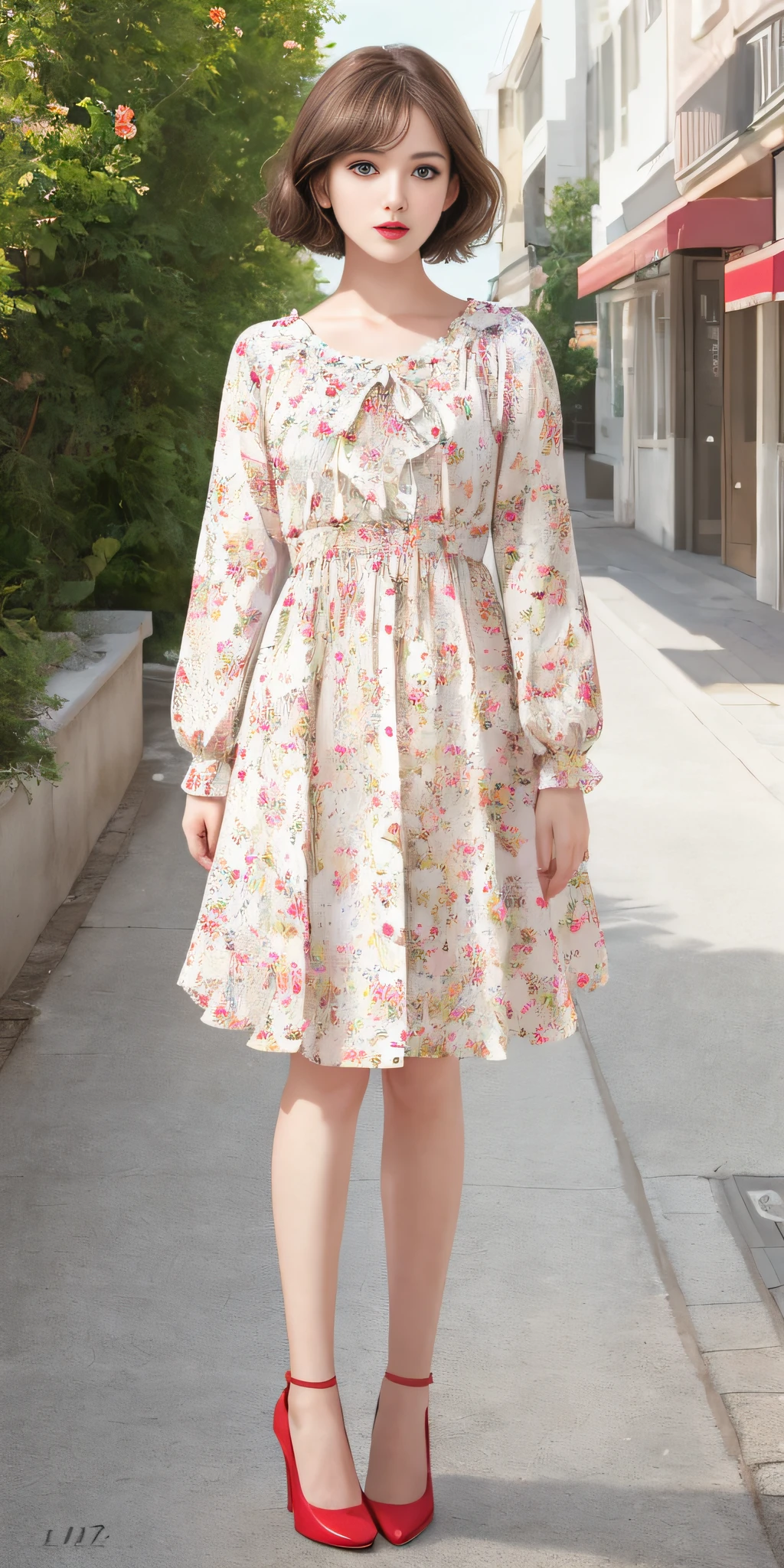 (Lolita: 1.2), (flower print: 1.2), (white long sleeves), leather shoes, 1 girl, full body, high heels, (short hair: 1.1), (realistic: 1.7), (best quality)), ridiculous, (ultra high resolution), (realistic: 1.6), realistic, octane rendering, (surreal: 1.2), (realistic face: 1.2), (8k), (4k), (masterpiece), (realistic skin texture), (illustration, movie lighting), (beautiful eyes: 1.2), (perfect face)))), (cute), (standing), (brunette hair), (short hair), dark eyes, red lips, (street),