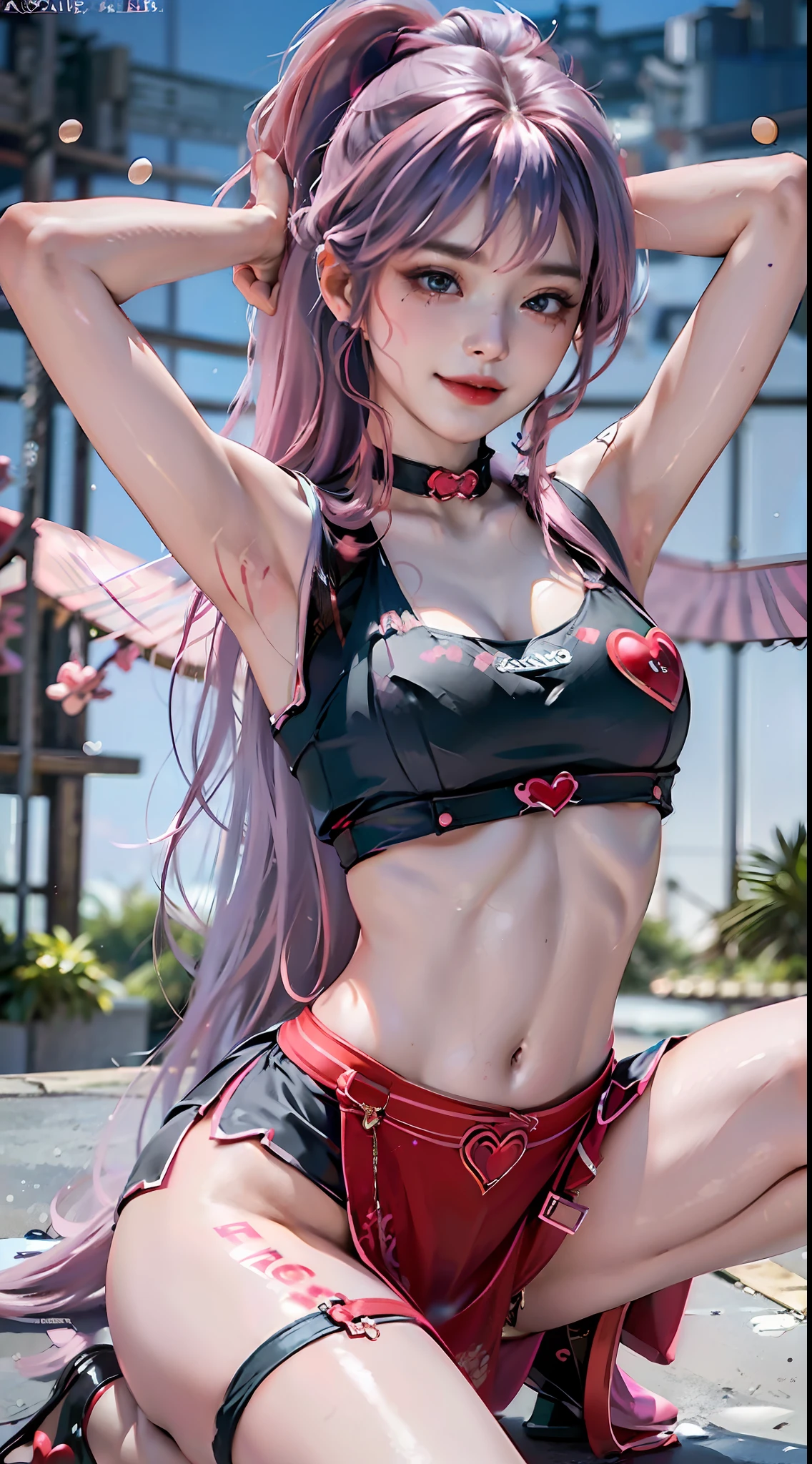 (The tail end is heart-shaped 💟 A purple haired girl with a long ponytail hairstyle and a seductive charm (with a red seductive tattoo on her lower abdomen), a transparent super tight and low waisted mini skirt, (with a super low waist), a full body photo, hands raised above her head, a sexy girl with a sexy, happy smile, blushing, shy, (with a revealing lower abdomen), a charming expression, a frown of disgust, a red seductive tattoo, a purple haired girl with a long ponytail hairstyle, Transparent top, oversized bust, oversized bust, Charm, ((with red Charm tattoo on the lower abdomen), transparent super tight and low waisted mini skirt, (with ultra-low waist), full body photo, hands raised above the head, sexy girl, sexy, happy smile, blushing, shy, (with revealing lower abdomen), charming expression, disgusted frown, (with eye details portrayed), sexy long legs, slim waist, sweat droplets on the waist, (with sexy vest line), (Revealing his lower abdomen), crouching with his legs o