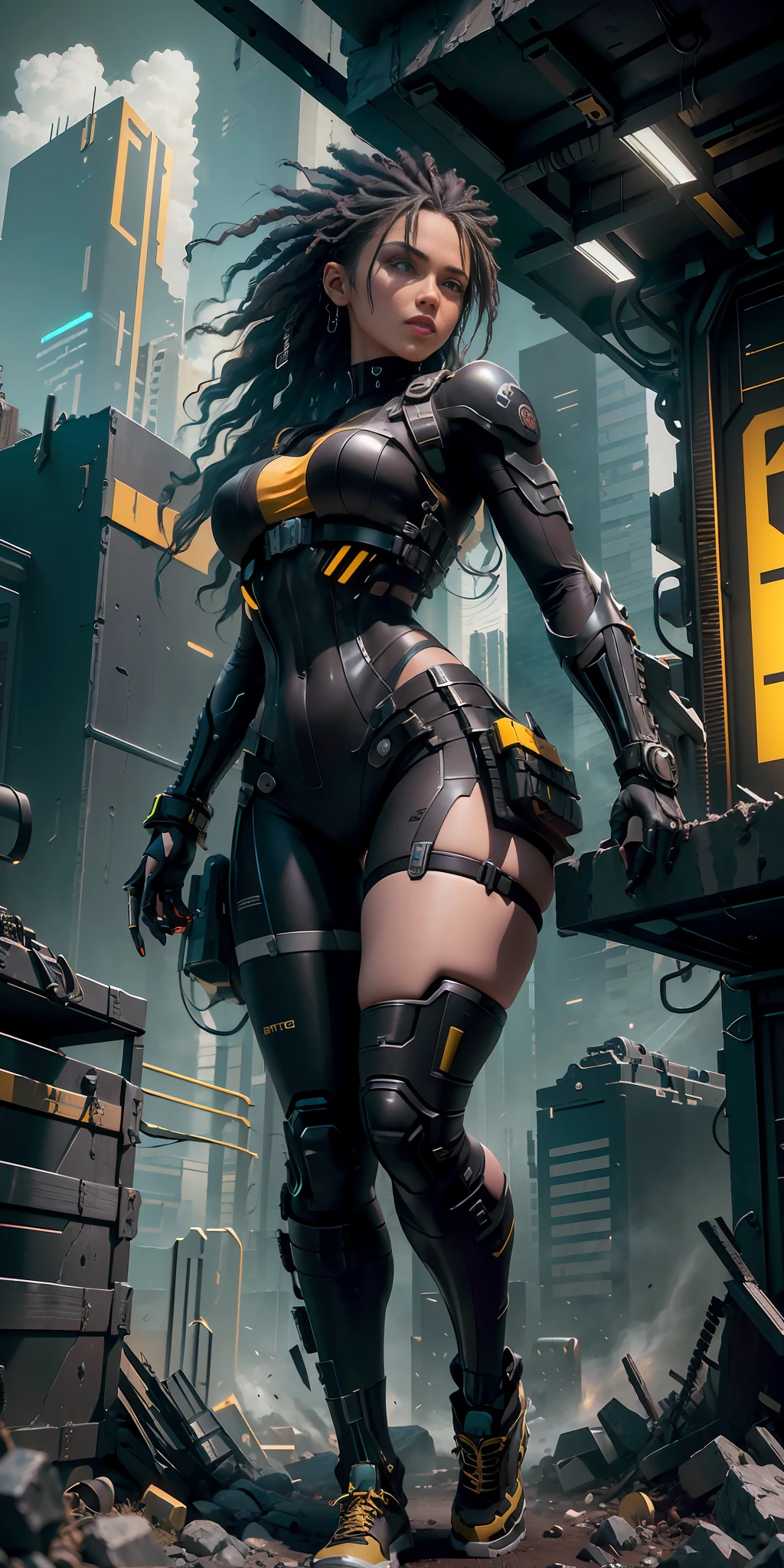 ((Best Quality)), ((Masterpiece)), (Highly Detailed: 1.3), 3D, Cyberpunk Black Construction Worker Girl with Thick Voluminous Hair, Constructionyardai,HDR (High Dynamic Range),Ray Tracing,NVIDIA RTX,Super-Resolution,Unreal 5, Subsurface Dispersion, PBR Texture, Post-processing, Anisotropic Filtering, Depth of Field, Maximum Clarity and Sharpness, Multilayer Textures, Albedo and Specular Maps, Surface Shading, Accurate Interaction Simulation  Light-Material, Perfect Aspect Ratios,Octane Render,Two-Tone Lighting,Wide Aperture,Low ISO,White Balance,Rule of Thirds,8K RAW,