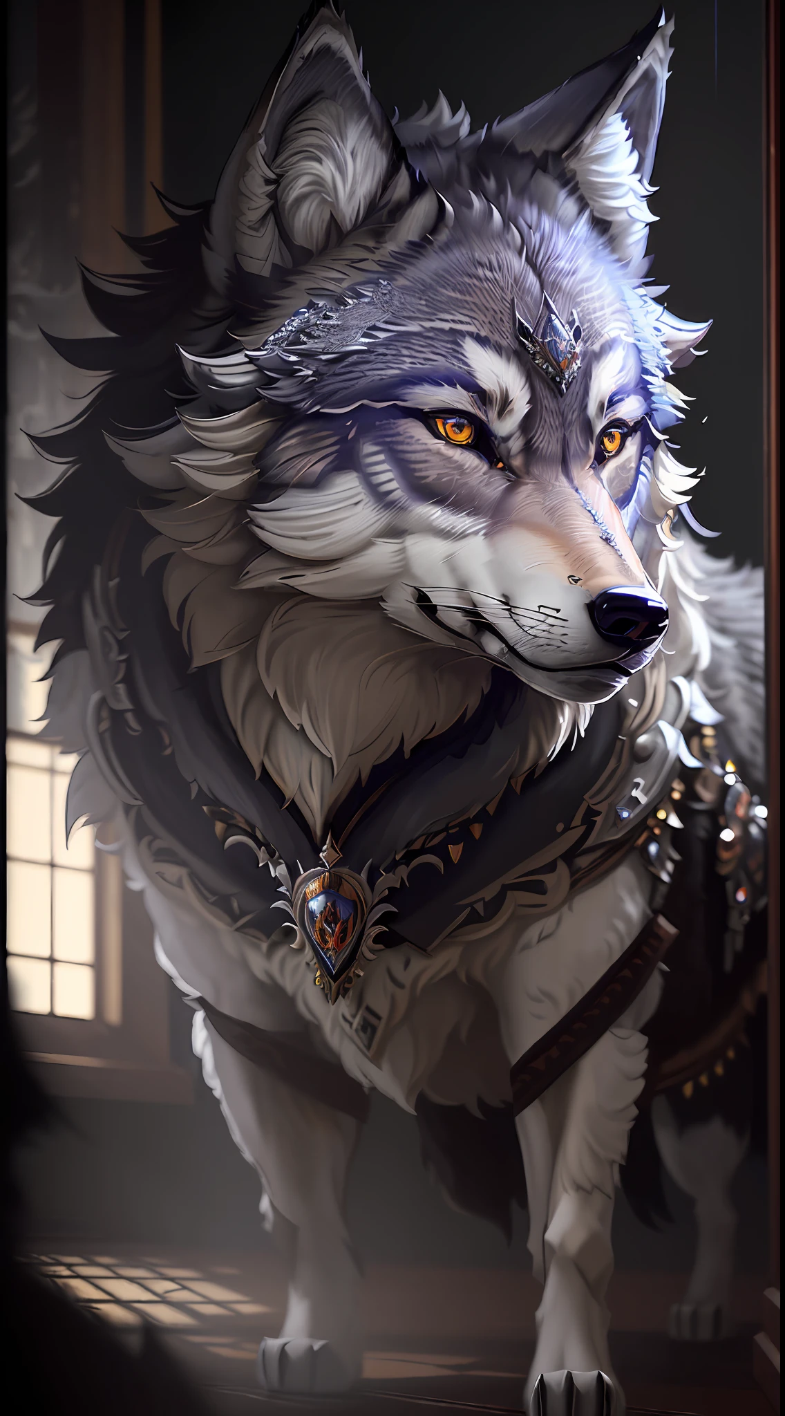 Masterpiece, best quality, ((Beautifully detailed Wolf)) (very detailed CG Unity 8k wallpaper), professional majestic oil paintings by Ed Blinky, Athea Gaylan, Studio Ghibli, Jeremy Mann, Greg Manchessa, Antonio Moro, popular on ArtStation, trending Midjourney and Greg Rutkowski CGSociety, intricate, high detail, clear focus, dramatic, realistic painting
