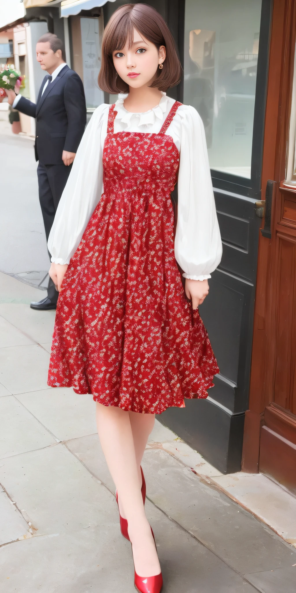 (Lolita: 1.2), (flower print: 1.2), (white long sleeves), leather shoes, 1 girl, full body, high heels, (short hair: 1.1), (realistic: 1.7), (best quality)), ridiculous, (ultra high resolution), (realistic: 1.6), realistic, octane rendering, (surreal: 1.2), (realistic face: 1.2), (8k), (4k), (masterpiece), (realistic skin texture), (illustration, movie lighting), (beautiful eyes: 1.2), (perfect face)))), (cute), (standing), (brunette hair), (short hair), dark eyes, red lips, (street),