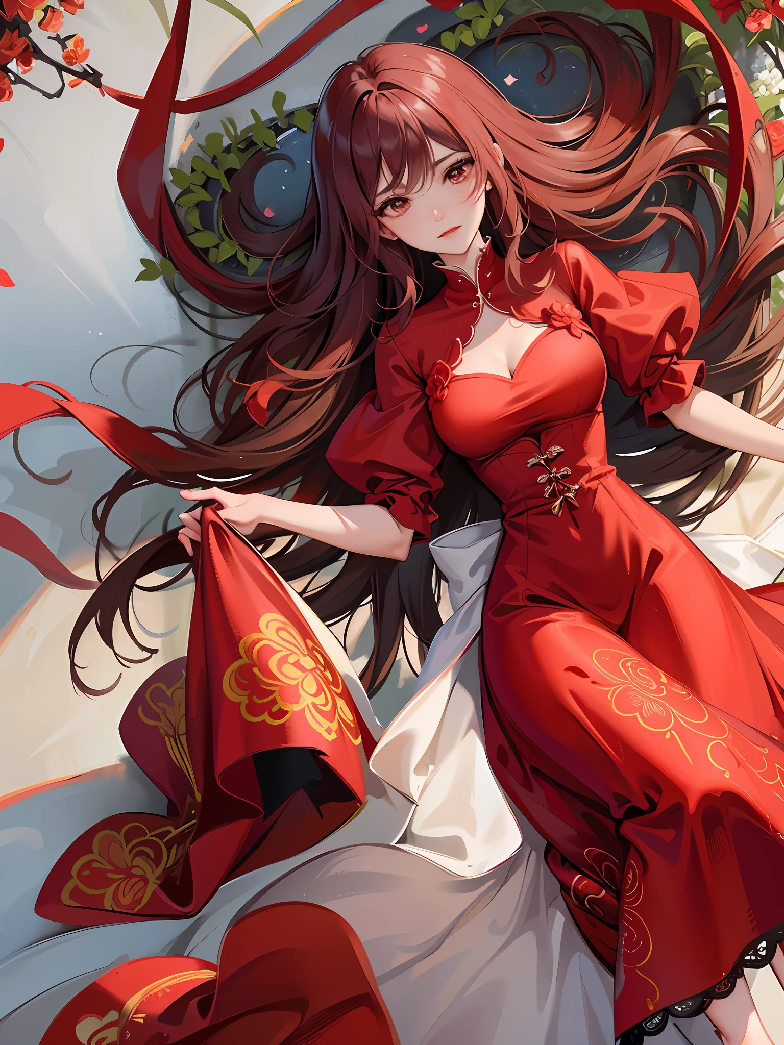 The details are accurately described, with women as the main body, wearing red dresses with floral patterns, sexy dresses, maximalists, red floral items, full silk material, micro-pocket waist, streamlined, slender dress hem design, reminiscent of the style of the morning, looming vines, symbols are more and more beautiful, showing a sense of rhythm.