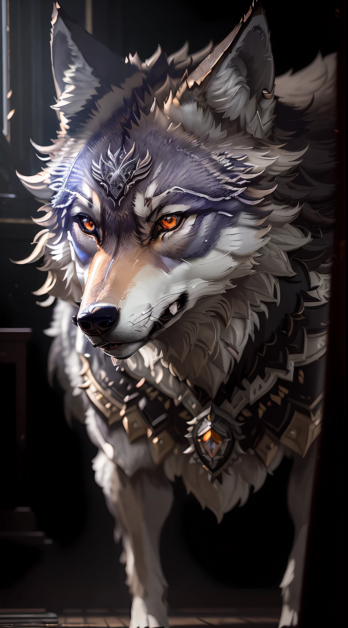 Masterpiece, best quality, ((Beautifully detailed Wolf)) (very detailed CG Unity 8k wallpaper), professional majestic oil paintings by Ed Blinky, Athea Gaylan, Studio Ghibli, Jeremy Mann, Greg Manchessa, Antonio Moro, popular on ArtStation, trending Midjourney and Greg Rutkowski CGSociety, intricate, high detail, clear focus, dramatic, realistic painting