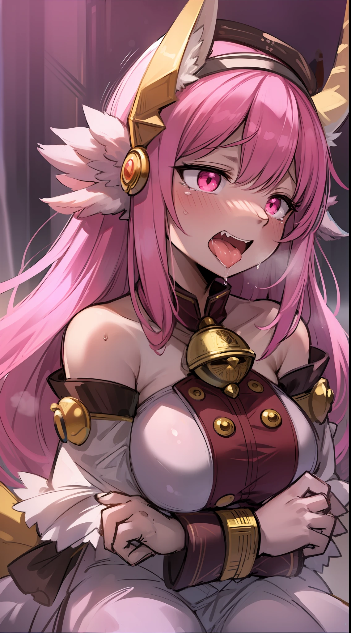 furry, pink fur, giant enormous breast, TONGUE, off-shoulder white semi-translucent morning dress, SITTING, sakura forest background, gold slit pupils, blushing:1, hair between eyes, pink hair, gradient hair, hair over shoulder, wet hair, shiny hair, bell, horns, forehead jewel, dragon horns, ta hairband, eye reflection, streaming tears, slit pupils, fox ears, wolf ears, open mouth, embarrassed, blush, fangs, tongue, saliva, full blush, flustered, despair, full-face blush, long tongue, Realism, Hyperrealism, ray tracing, reflection light, backlighting, Fujicolor, first-person view, bokeh, UHD, retina, anatomically correct, super detail, best quality, highres