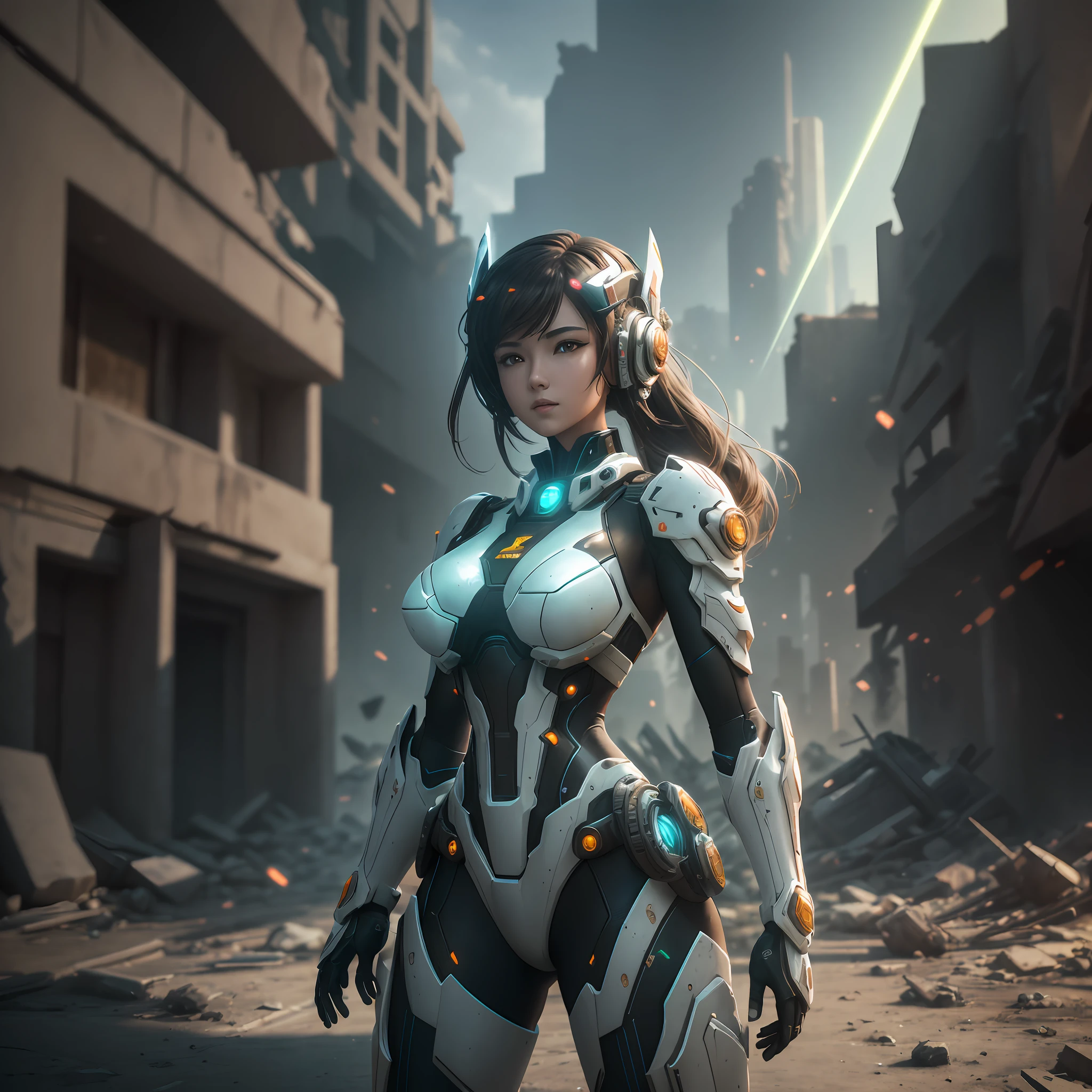 ((Best quality)), ((masterpiece)), (highly detailed:1.3), 3D,Shitu-mecha, beautiful cyberpunk women with her mecha in the ruins of city from a forgoten war, ancient technology,HDR (High Dynamic Range),Ray Tracing,NVIDIA RTX,Super-Resolution,Unreal 5,Subsurface scattering,PBR Texturing,Post-processing,Anisotropic Filtering,Depth-of-field,Maximum clarity and sharpness,Multi-layered textures,Albedo and Specular maps,Surface shading,Accurate simulation of light-material interaction,Perfect proportions,Octane Render,Two-tone lighting,Low ISO,White balance,Rule of thirds,Wide aperature,8K RAW,Efficient Sub-Pixel,sub-pixel convolution,luminescent particles,light scattering,Tyndall effect --auto --s2