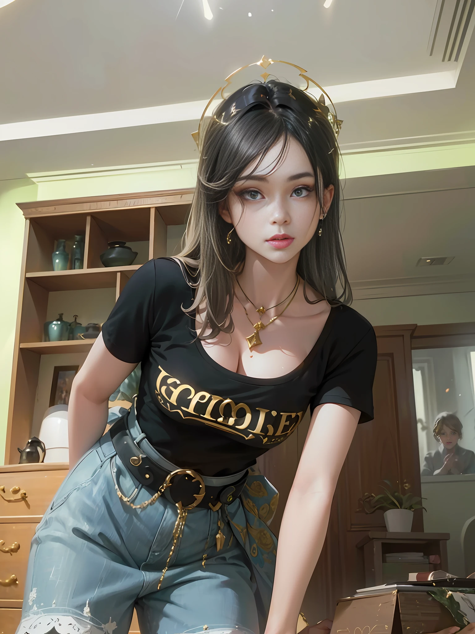 (Masterpiece:1.2), best quality, (illustration:1.2), ornate decorations,(Masterfully crafted Glow, lens flare), (ultra-detailed), hyper details, (delicate detailed), (intricate details), (cinematic light, best quality Backlights),(bioluminescent hair), (glowing eyes), (Dynamic:1.2), ((makeup)), absolutely eye-catching, prehistoric,((colourful paint splashes on background, dulux,)), ((caustic)), dynamic angle, (Captivating),(Intricately Detailed Cinematic :1.1), ambient occlusion, ambient light, ray-traced reflections,(best illumination, an extremely delicate and beautiful), ((cinematic light)), colourful, powerful, (Cinematic masterpiece),big dreamy eyes, perfect proportions, perfectly drawn face, Albedo, white hair, chains, comfortable, Intense, day, Golden sky, Inticing, illustration, Angels everywhere, yellow eyes, red roses, chains, splashes of colour, smooth soft skin, Golden Hour, atmospheric, Park, Fields, Bullets, Breath-taking, ambient light coming from sky, soft warm glow coming from chains, god rays, halo, beautiful intricate coloured hair, symmetrical, soft lighting, , concept art, digital painting, looking into scenery, realistic reflections, tracers everywhere