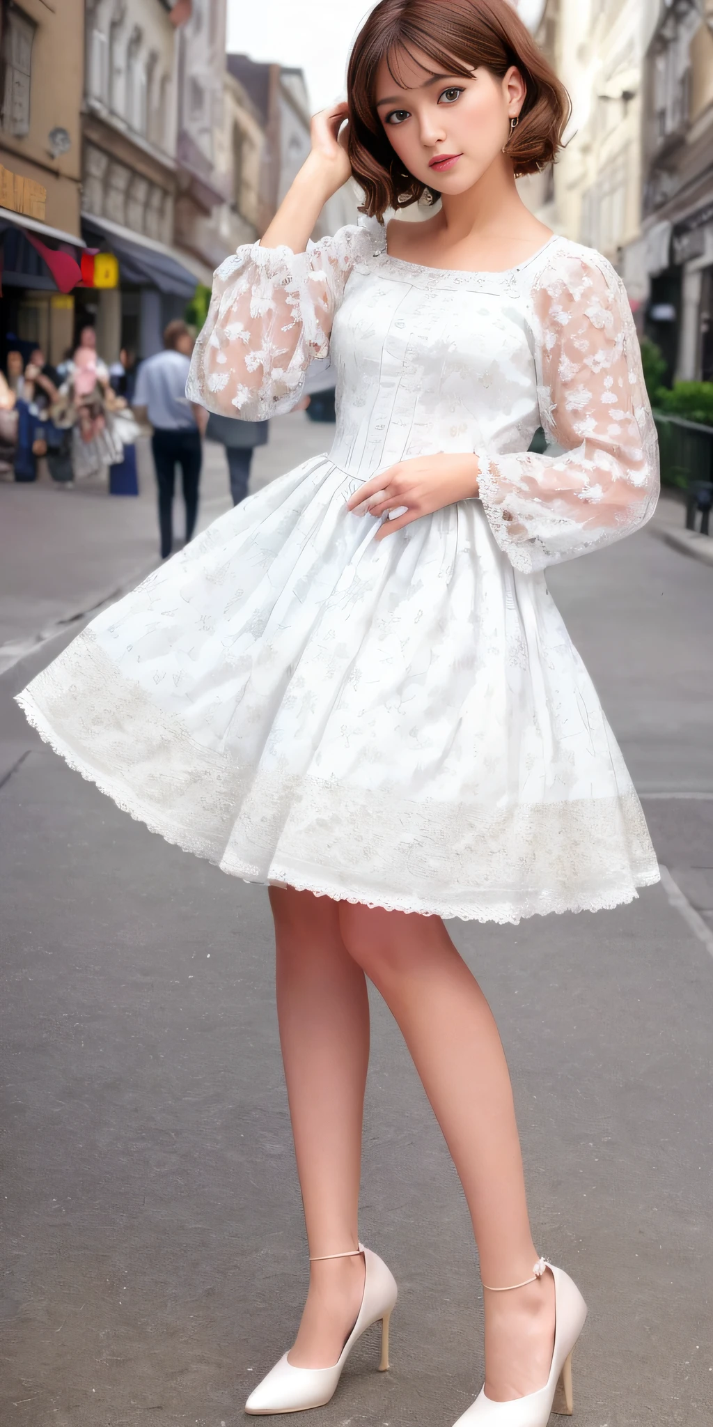 (Sweet Lolita: 1.2), (Flower print: 1.2), (White long sleeves), leather shoes, 1 girl, full body, high heels, (short hair: 1.1), (realistic: 1.7), (best quality)), ridiculous, (ultra high resolution), (realistic: 1.6), realistic, octane rendering, (surreal: 1.2), (realistic face: 1.2), (8k), (4k), (masterpiece), (realistic skin texture), (illustration, movie lighting), (beautiful eyes: 1.2), (perfect face)))), (cute), (standing), (brunette hair), (short hair), dark eyes, red lips, (street),