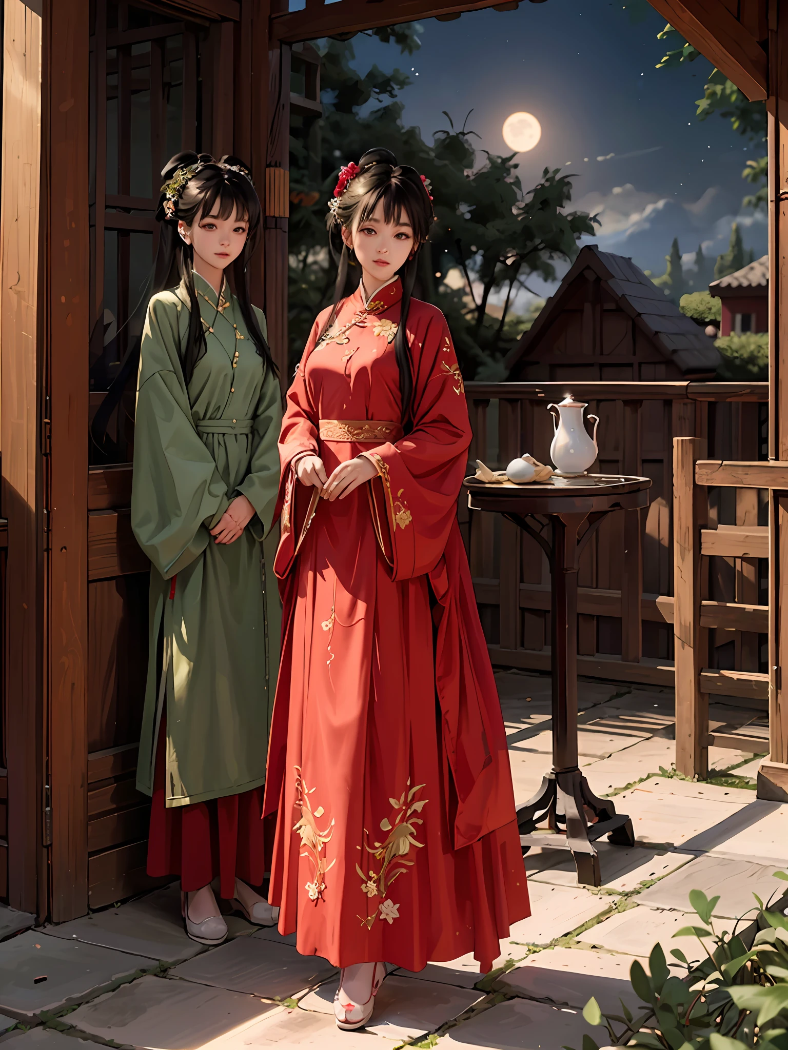 Absurd, high resolution, super detailed, (1 girl: 1.8), hand drawn, simple lines, 16 year old girl in red chinese wedding dress, masterpiece, standing in the middle of courtyard, outdoors, inside courtyard, moonlight, full table, full seat, night