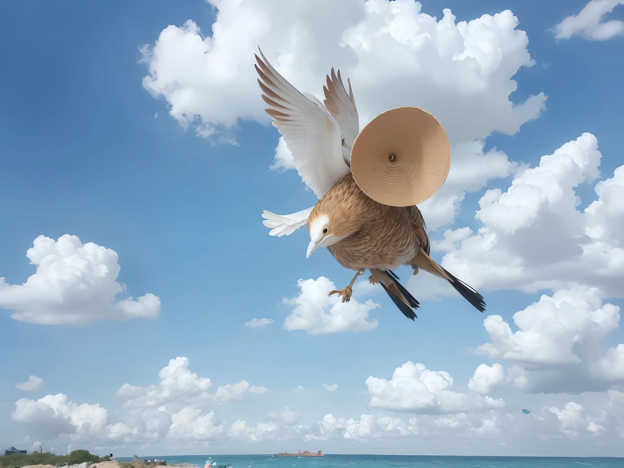 (masterpiece), the best quality, high definition, surrounded by bright and warm light, the scene shows children flying freely in the blue sky and white clouds. The camera is moderately far away, and the focus of the picture falls on the child, wearing summer clothes, flying in the breeze, majestic and light and dynamic. The scene is set against the background of blue sky, white clouds, birds, etc., with bright colors, bright and warm.