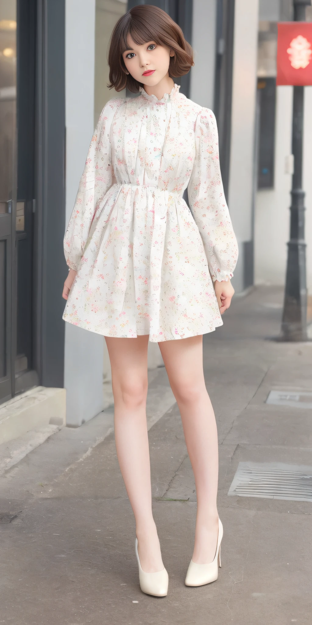 (Classical Lolita: 1.2), (Flower print: 1.2), (white long sleeves), leather shoes, 1 girl, full body, high heels, (short hair: 1.1), (realistic: 1.7), (best quality)), ridiculous, (ultra high resolution), (realistic: 1.6), realistic, octane rendering, (surreal: 1.2), (realistic face: 1.2), (8k), (4k), (masterpiece), (realistic skin texture), (illustration, movie lighting), (beautiful eyes: 1.2), (perfect face)))), (cute), (standing), (brunette hair), (short hair), dark eyes, red lips, (street),