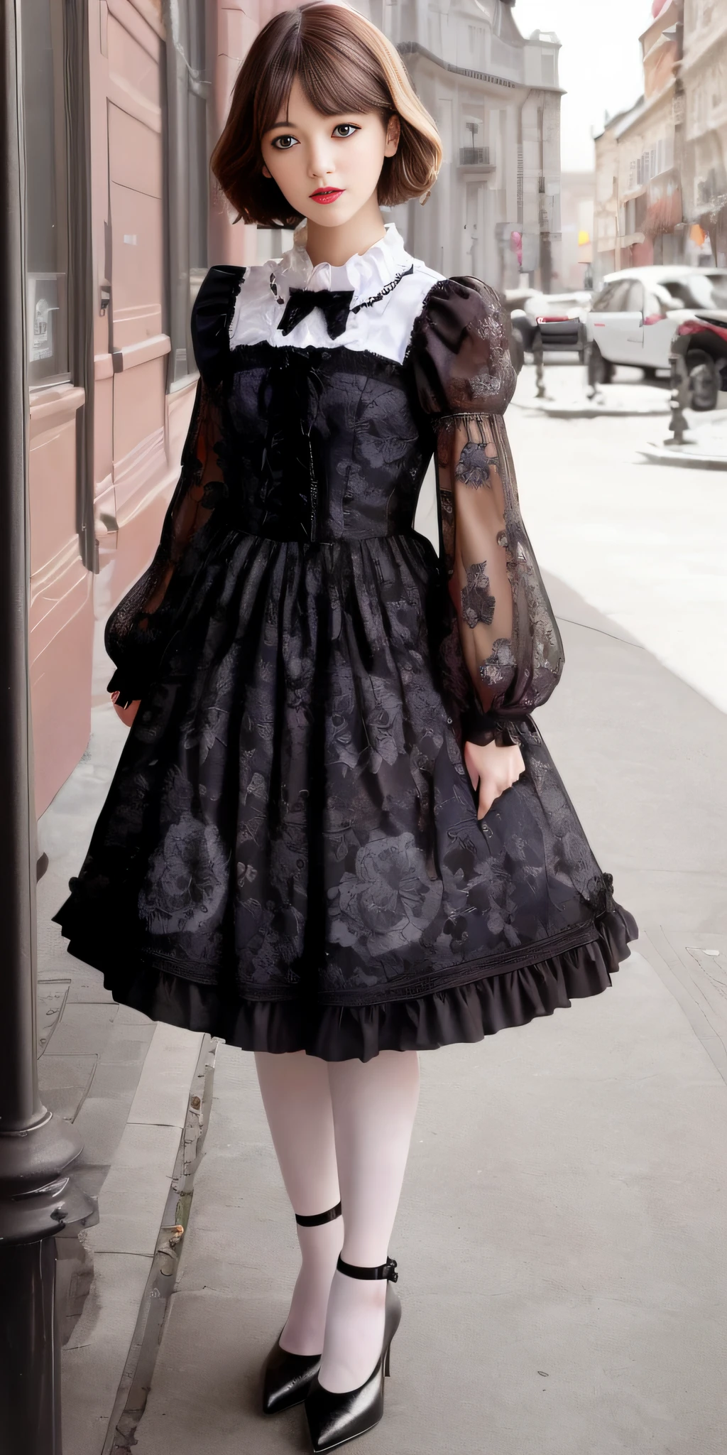 (Gothic Lolita: 1.2), (flower print: 1.2), (white long sleeves), leather shoes, 1 girl, full body, high heels, (short hair: 1.1), (realistic: 1.7), (best quality)), ridiculous, (ultra high resolution), (realistic: 1.6), realistic, octane rendering, (surreal: 1.2), (realistic face: 1.2), (8k), (4k), (masterpiece), (realistic skin texture), (illustration, movie lighting), (beautiful eyes: 1.2), (perfect face)))), (cute), (standing), (brunette hair), (short hair), dark eyes, red lips, (street),