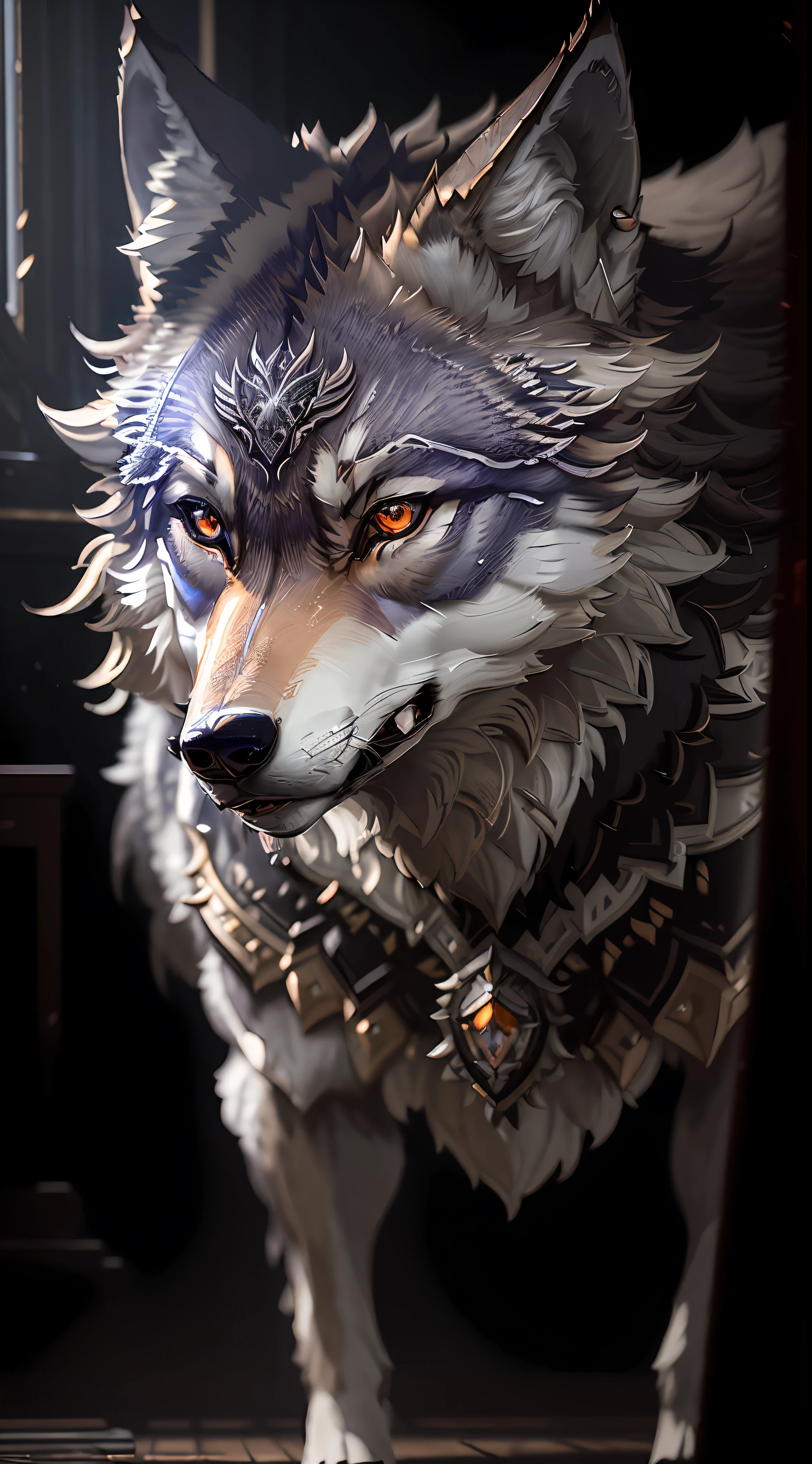 Masterpiece, best quality, ((Beautifully detailed Wolf)) (very detailed CG Unity 8k wallpaper), professional majestic oil paintings by Ed Blinky, Athea Gaylan, Studio Ghibli, Jeremy Mann, Greg Manchessa, Antonio Moro, popular on ArtStation, trending Midjourney and Greg Rutkowski CGSociety, intricate, high detail, clear focus, dramatic, realistic painting