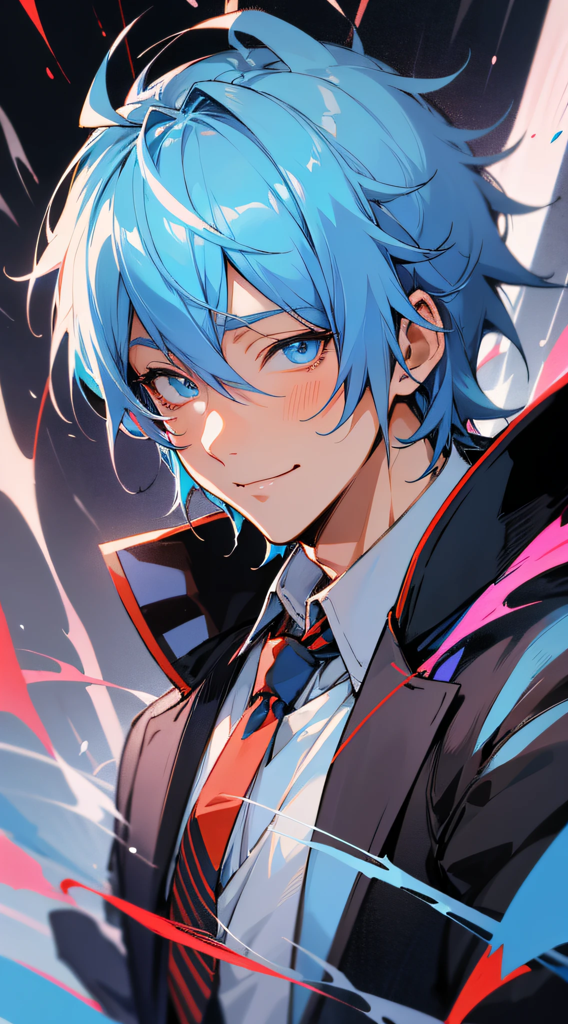 Anime boy, blue hair and red tie, black jacket, blue eyes, handsome eyes, smile, a white circle above the hand lit up, anime art with fine details, Masamune Shiro, young anime man, detailed Hajime Yatatate character design, Fus Rei brush strokes, night core scene, moe anime style. 8k --auto --s2