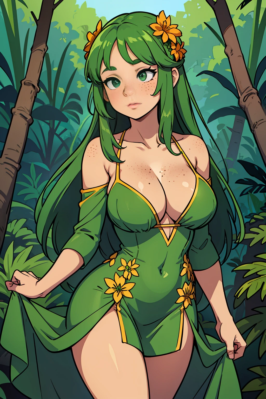 A beautiful woman standing in a jungle, wearing green dress, cleavage visible, thigh visible, legs visible, long hair, symmetrical face, freckles, depth of field, floiages
