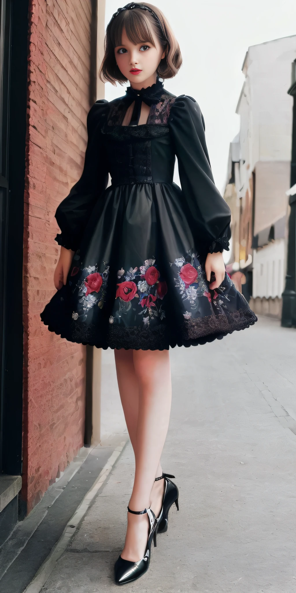(Gothic Lolita: 1.2), (flower print: 1.2), (white long sleeves), leather shoes, 1 girl, full body, high heels, (short hair: 1.1), (realistic: 1.7), (best quality)), ridiculous, (ultra high resolution), (realistic: 1.6), realistic, octane rendering, (surreal: 1.2), (realistic face: 1.2), (8k), (4k), (masterpiece), (realistic skin texture), (illustration, movie lighting), (beautiful eyes: 1.2), (perfect face)))), (cute), (standing), (brunette hair), (short hair), dark eyes, red lips, (street),