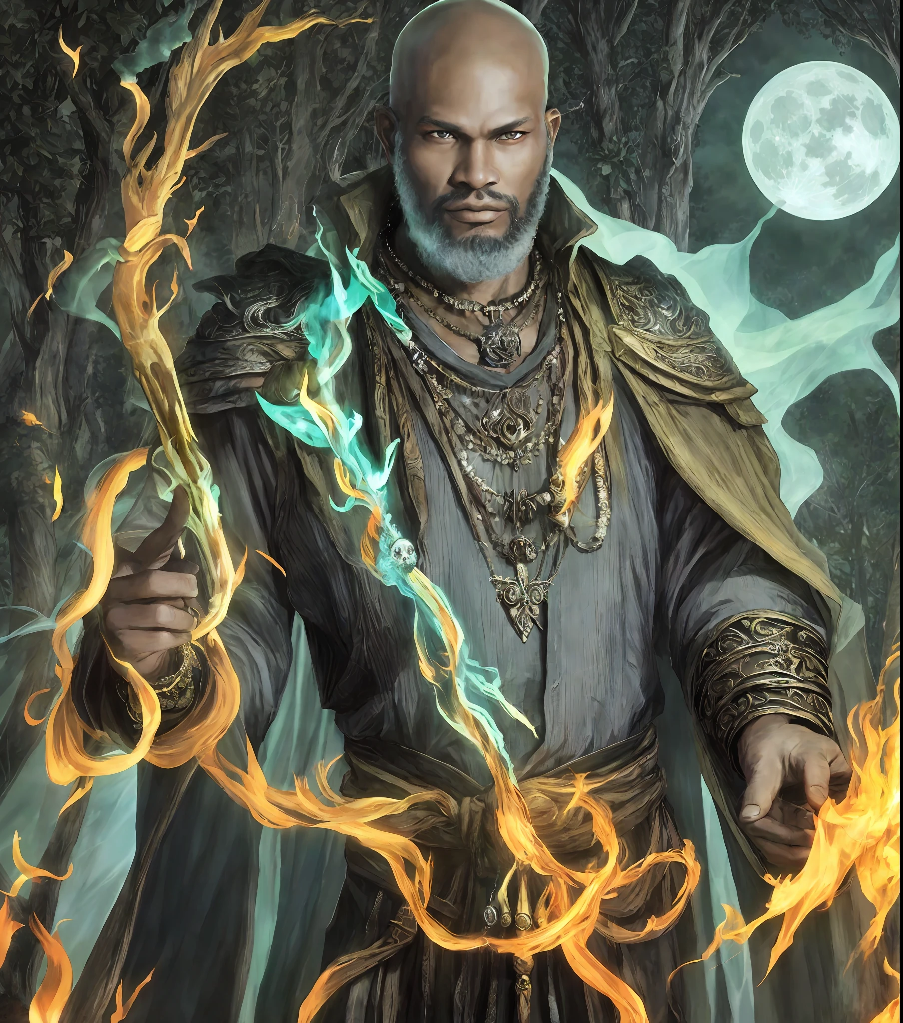 Mystical wizard with bone necklace, black man, in a forest, exu, beauty, striking look and serious expression, bald, without hair, with a large goatee beard. Full moon, burning flames, mysterious fire. good quality. Ultra quality. Film. elegant. I suggest detailed. dynamic pose. Color grading, realistic