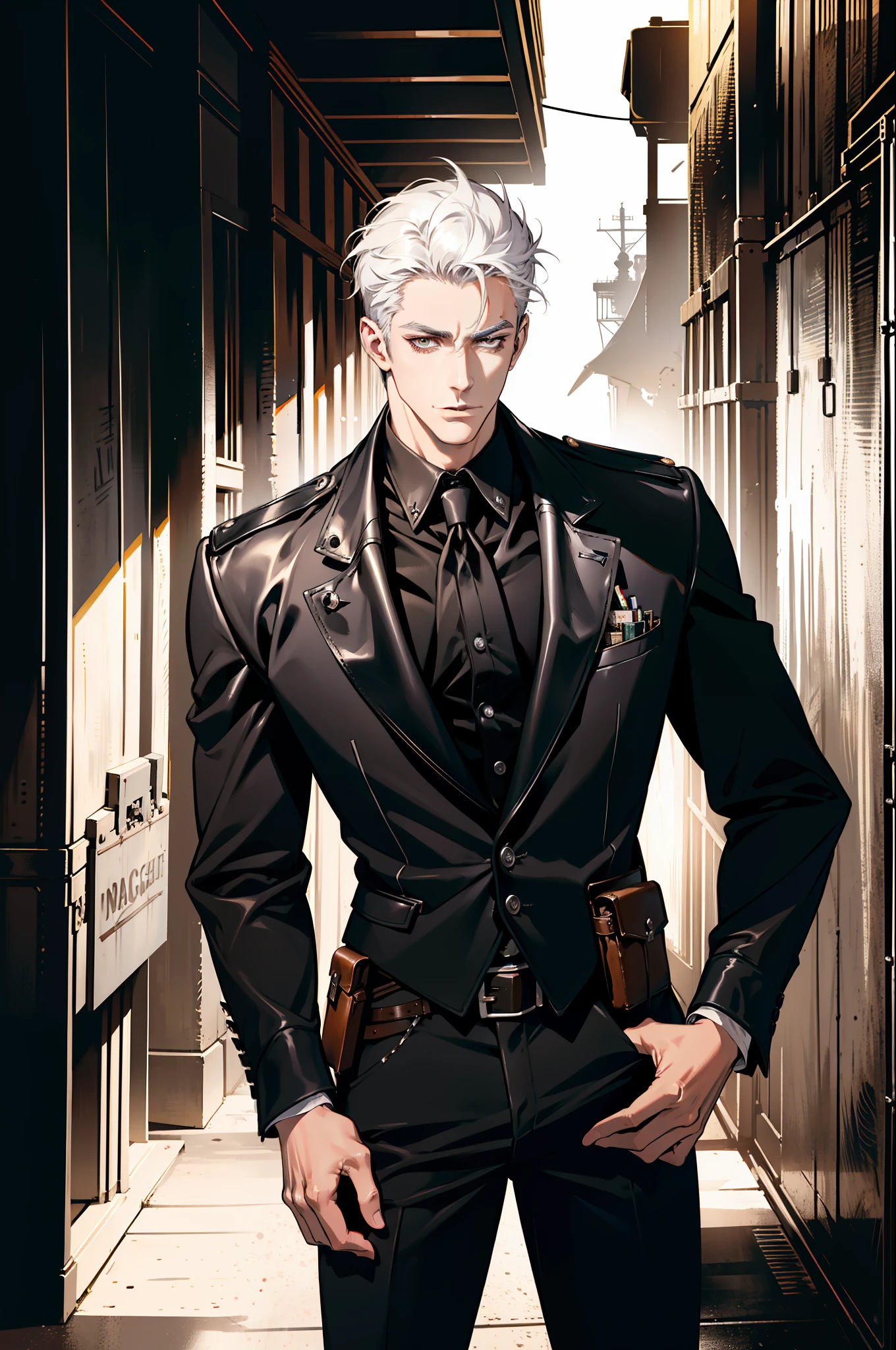 (absurd res, high res, ultra detailed), 1 male, adult, handsome, tall muscular guy, broad shoulders, white hair, finely detailed eyes, portrait, looking at viewer, solo, half shot, detailed background, detailed face, (steampunk industrial), smirk, renegade, rugged dark leather clothes, small leather pouch, high fantasy medieval setting, smuggler hideout background, stealth, undercover, (crates in background), shadows, fog, (dutch angle), closed mouth