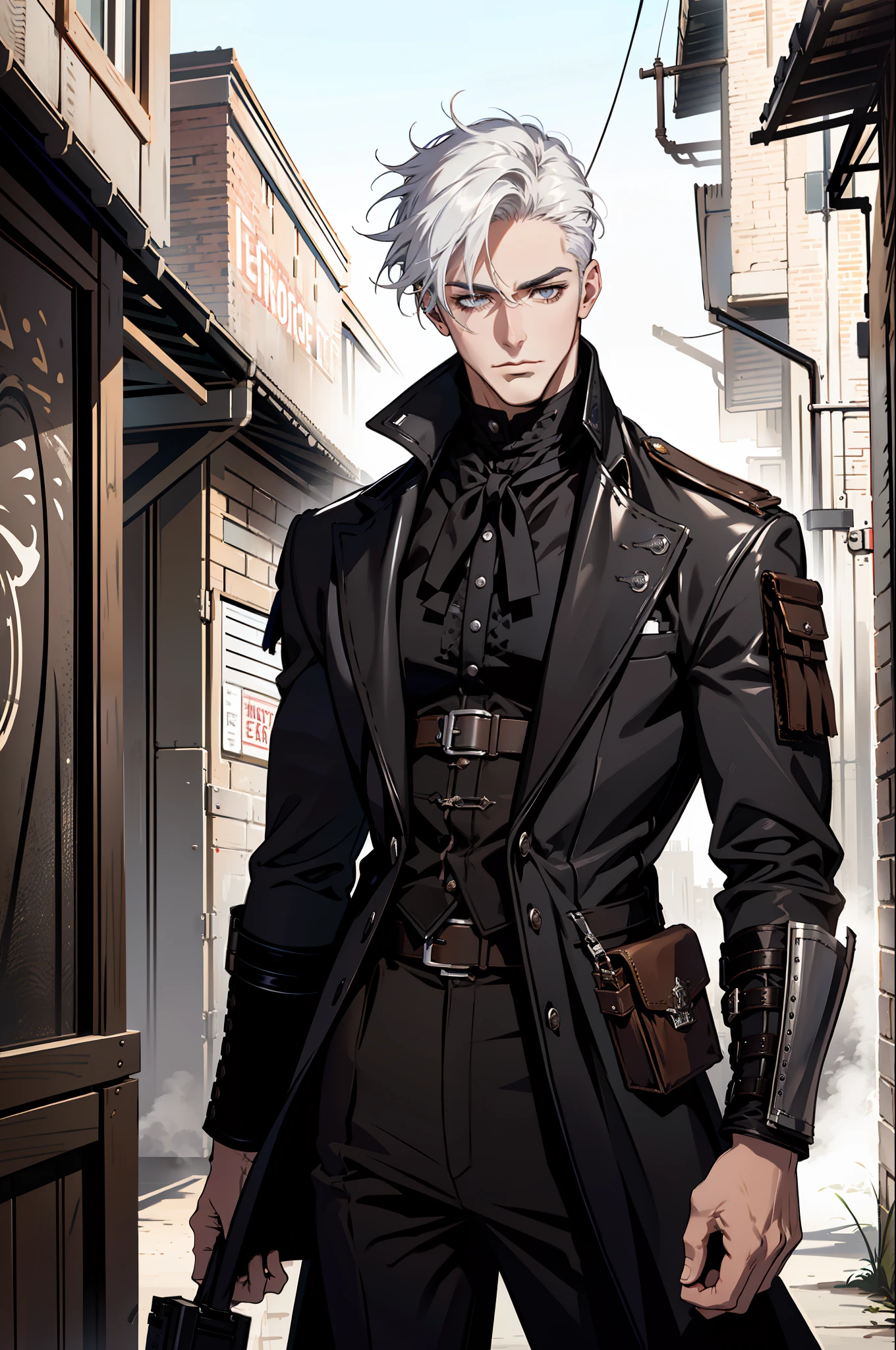 (absurd res, high res, ultra detailed), 1 male, adult, handsome, tall muscular guy, broad shoulders, white hair, finely detailed eyes, portrait, looking at viewer, solo, half shot, detailed background, detailed face, (steampunk industrial), smirk, renegade, rugged dark leather clothes, small leather pouch, high fantasy medieval setting, smuggler hideout background, stealth, undercover, (crates in background), shadows, fog, (dutch angle), closed mouth