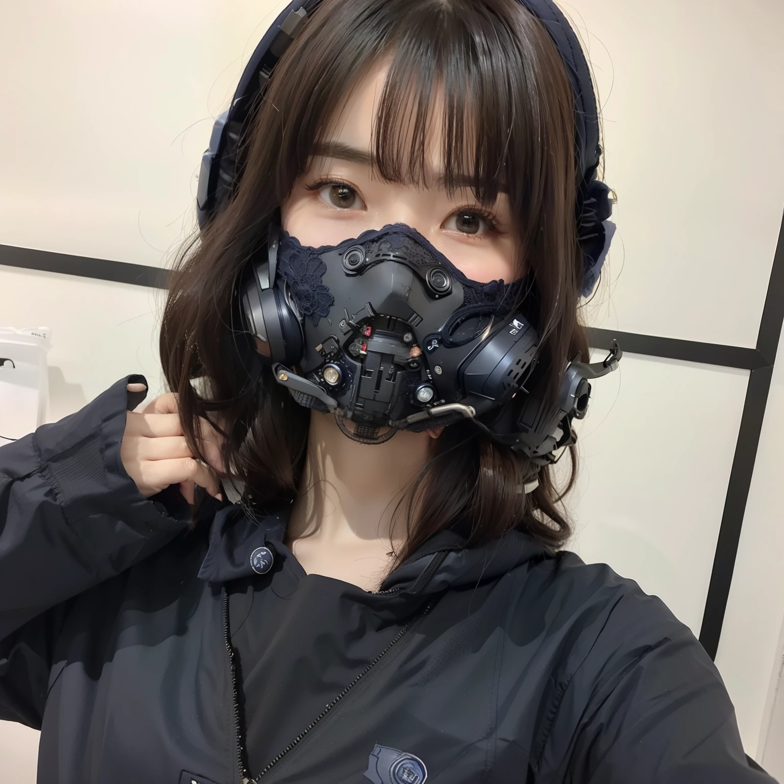 portrait photo of a 20 y.o girl, (wearing a navy blue full coverage - techpunkmask with smallish antenna), solo, single focal, brown hair, brown eyes, small head, fashion girl, beautiful eyes, real face, real skin, real face, realistic skin, detailed eyes, mint lace cami, fashionable hairstyle: 1.3 Dynamic poses, viewers, detailed face and chest look, top quality, realistic, realistic, very detailed, very delicate and beautiful, professional lighting, face lighting, depth of field,