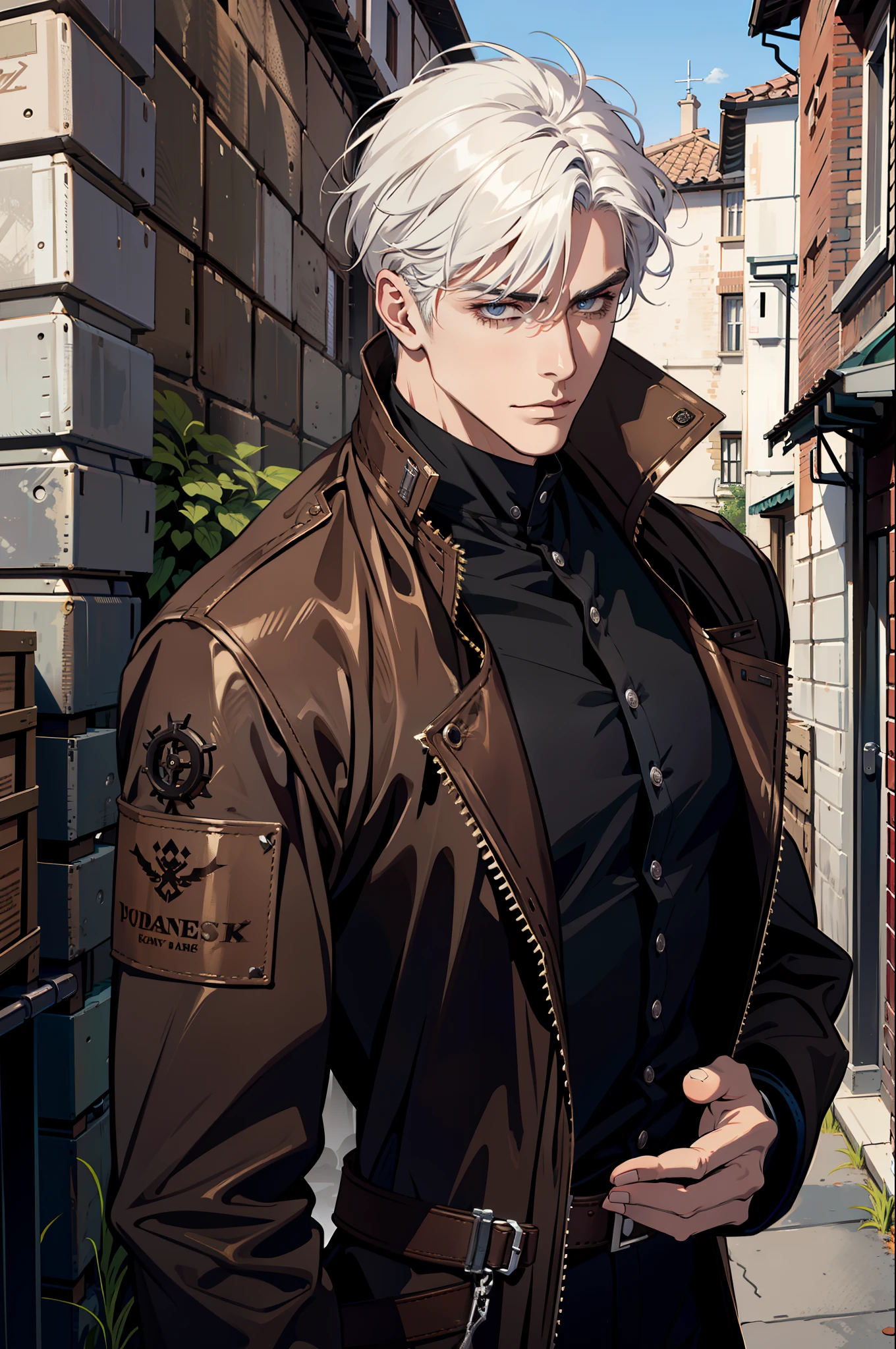 (absurd res, high res, ultra detailed), 1 male, adult, handsome, tall muscular guy, broad shoulders, white hair, finely detailed eyes, portrait, looking at viewer, solo, half shot, detailed background, detailed face, (steampunk industrial), smirk, renegade, rugged dark leather clothes, small leather pouch, high fantasy medieval setting, smuggler hideout background, stealth, undercover, (crates in background), shadows, fog, (dutch angle), closed mouth