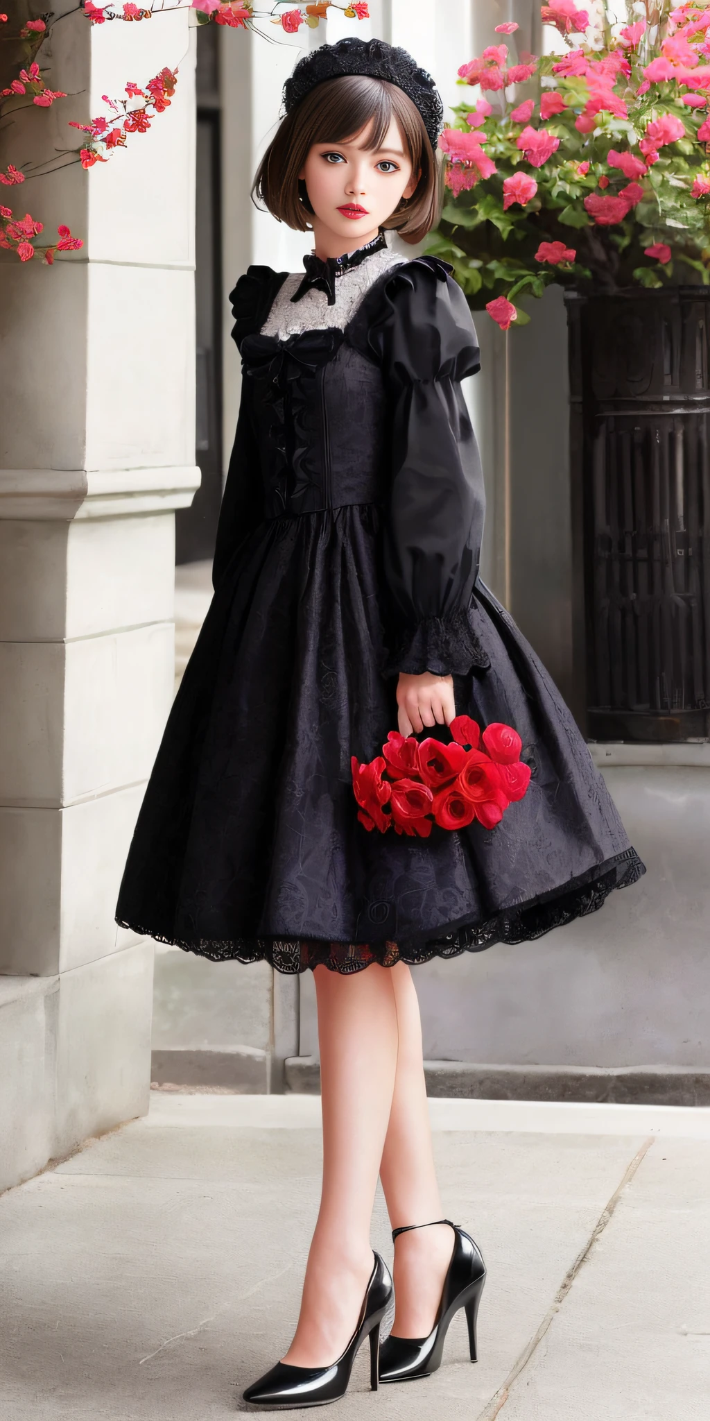 (Gothic ta: 1.2), (flower print: 1.2), (white long sleeves), leather shoes, 1 girl, full body, high heels, (short hair: 1.1), (realistic: 1.7), (best quality)), ridiculous, (ultra high resolution), (realistic: 1.6), realistic, octane rendering, (surreal: 1.2), (realistic face: 1.2), (8k), (4k), (masterpiece), (realistic skin texture), (illustration, movie lighting), (beautiful eyes: 1.2), (perfect face)))), (cute), (standing), (brunette hair), (short hair), dark eyes, red lips, (street),