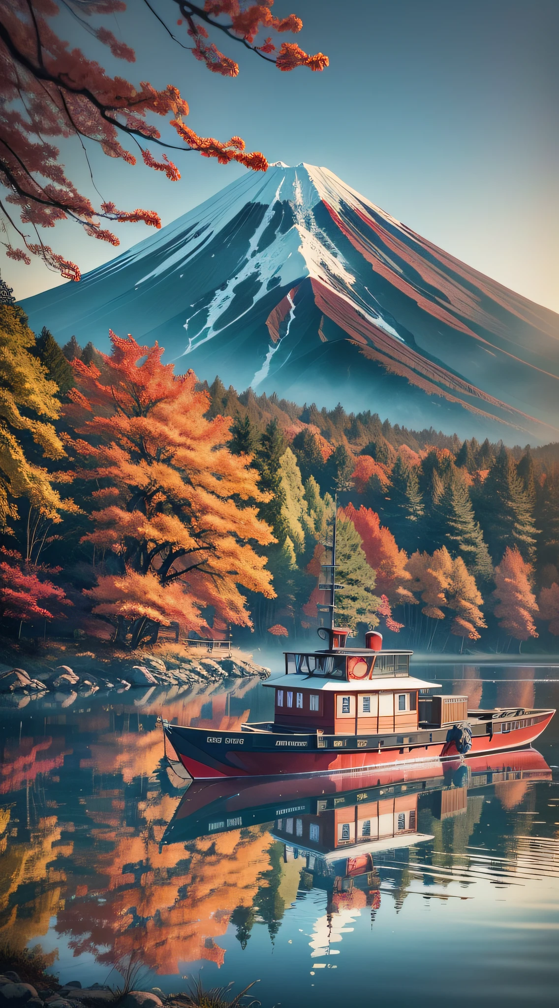 Fuji Mountain , Red Maple Tree and samll Boat with Morning Mist in Autumn, Kawaguchiko Lake, delicate, Coffinwood, graffitti, lower body shot, Photoshop, Lo-fi, game item, pure colors, Miami Metro, halfrear lighting, Ultra realistic