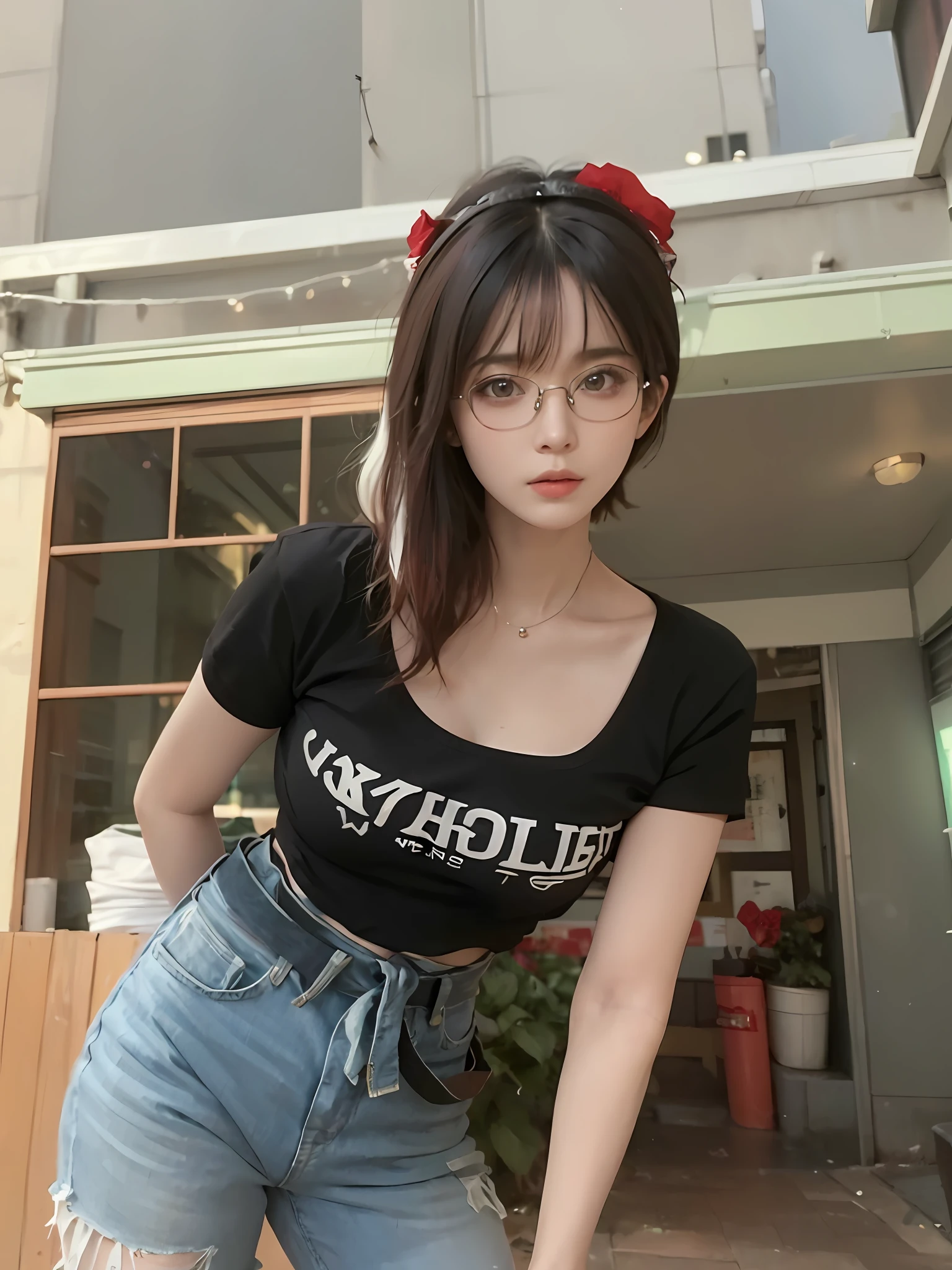 1girl, Tokyo Street, Night, Cityscape, City Lights, Upper Body, Close Up, 8k, RAW Photo, Best Quality, Masterpiece, Realism, Realism, Red Rose Headdress, Split Bangs, Short Hair, Big Waves, White Hair Color, Wearing Glasses