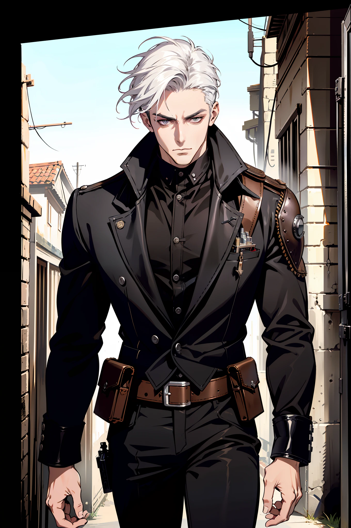 (absurd res, high res, ultra detailed), 1 male, adult, handsome, tall muscular guy, broad shoulders, white hair, finely detailed eyes, portrait, looking at viewer, solo, half shot, detailed background, detailed face, (steampunk industrial), smirk, renegade, rugged dark leather clothes, small leather pouch, high fantasy medieval setting, smuggler hideout background, stealth, undercover, (crates in background), shadows, fog, (dutch angle), closed mouth