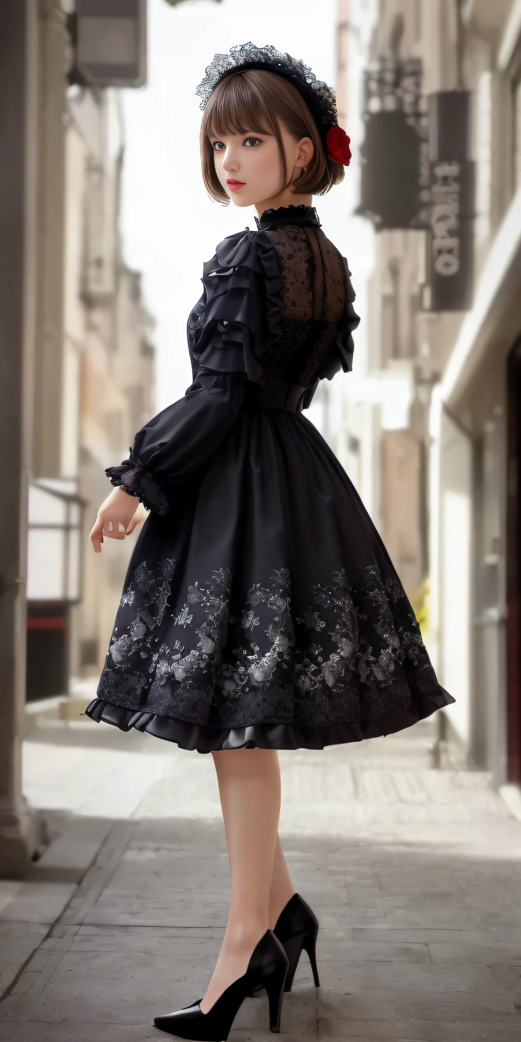 (Gothic Lolita: 1.2), (flower print: 1.2), (white long sleeves), leather shoes, 1 girl, full body, high heels, (short hair: 1.1), (realistic: 1.7), (best quality)), ridiculous, (ultra high resolution), (realistic: 1.6), realistic, octane rendering, (surreal: 1.2), (realistic face: 1.2), (8k), (4k), (masterpiece), (realistic skin texture), (illustration, movie lighting), (beautiful eyes: 1.2), (perfect face)))), (cute), (standing), (brunette hair), (short hair), dark eyes, red lips, (street),