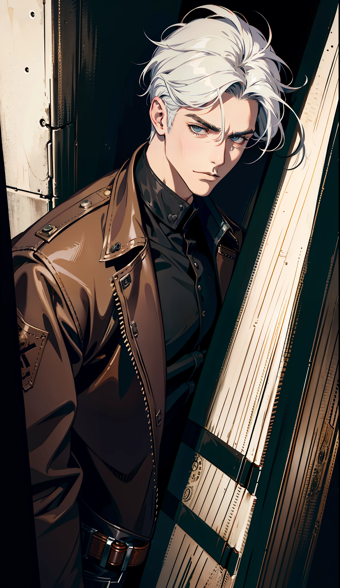 (absurd res, high res, ultra detailed), 1 male, adult, handsome, tall muscular guy, broad shoulders, white hair, finely detailed eyes, portrait, looking at viewer, solo, half shot, detailed background, detailed face, (steampunk industrial), smirk, renegade, rugged dark leather clothes, small leather pouch, high fantasy medieval setting, smuggler hideout background, stealth, undercover, (crates in background), shadows, fog, (dutch angle), closed mouth