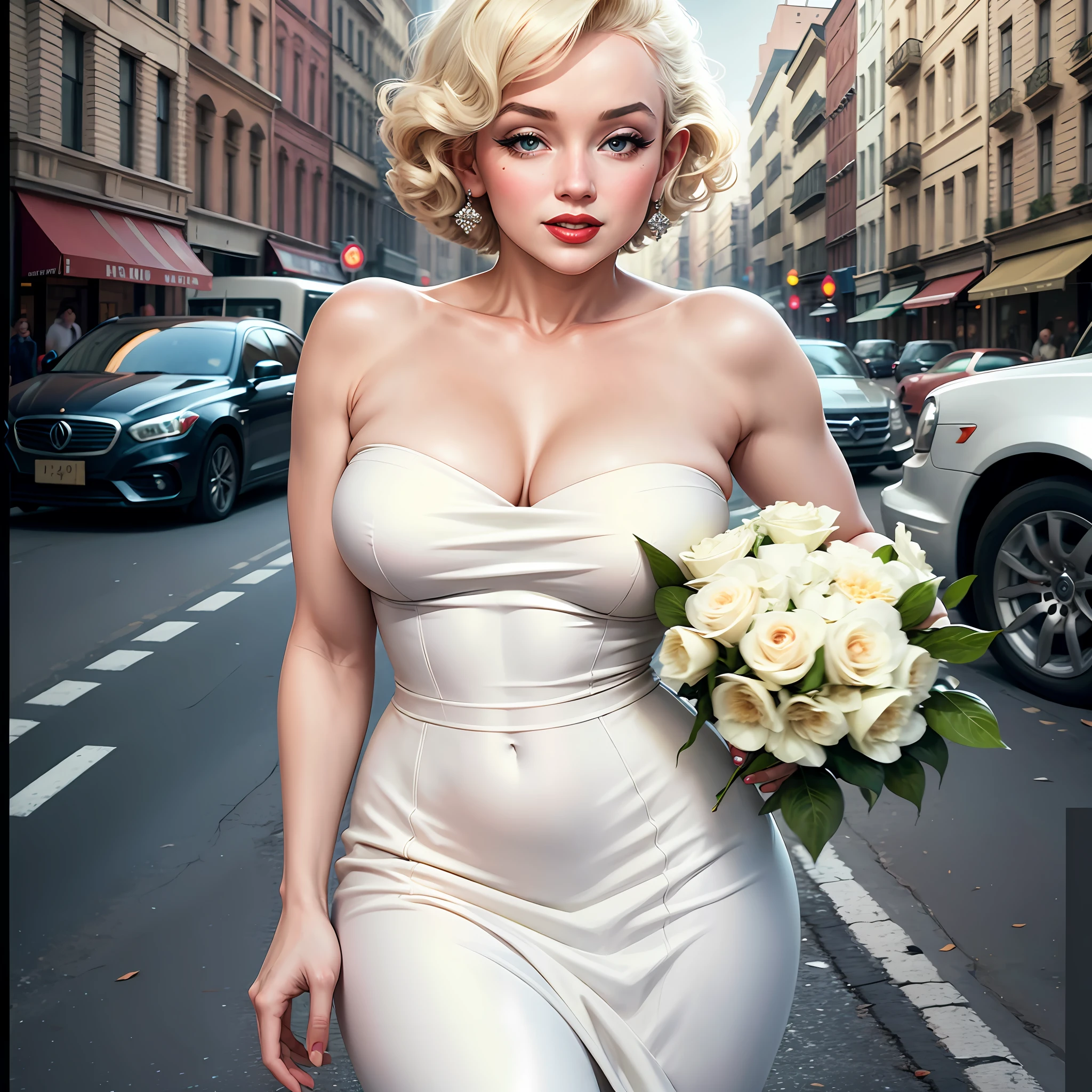 best quality, masterpiece, high resolution, Marilyn Monroe with her traditional white dress, on a street with passing cars, highly detailed skin, high quality, photography, high resolution, 4k, 8k, realistic, real --auto --s2