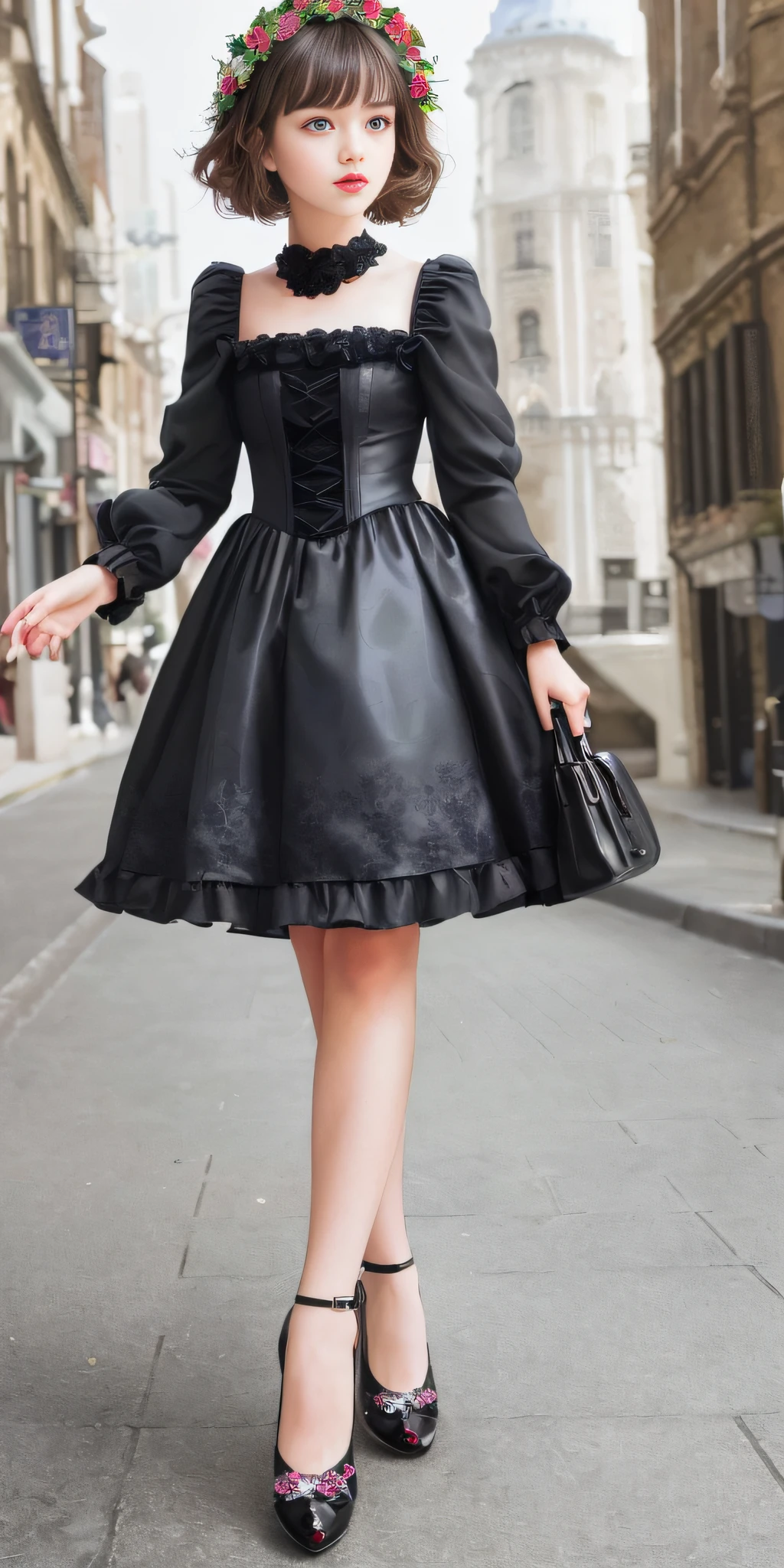 (Gothic ta: 1.2), (flower print: 1.2), (white long sleeves), leather shoes, 1 girl, full body, high heels, (short hair: 1.1), (realistic: 1.7), (best quality)), ridiculous, (ultra high resolution), (realistic: 1.6), realistic, octane rendering, (surreal: 1.2), (realistic face: 1.2), (8k), (4k), (masterpiece), (realistic skin texture), (illustration, movie lighting), (beautiful eyes: 1.2), (perfect face)))), (cute), (standing), (brunette hair), (short hair), dark eyes, red lips, (street),