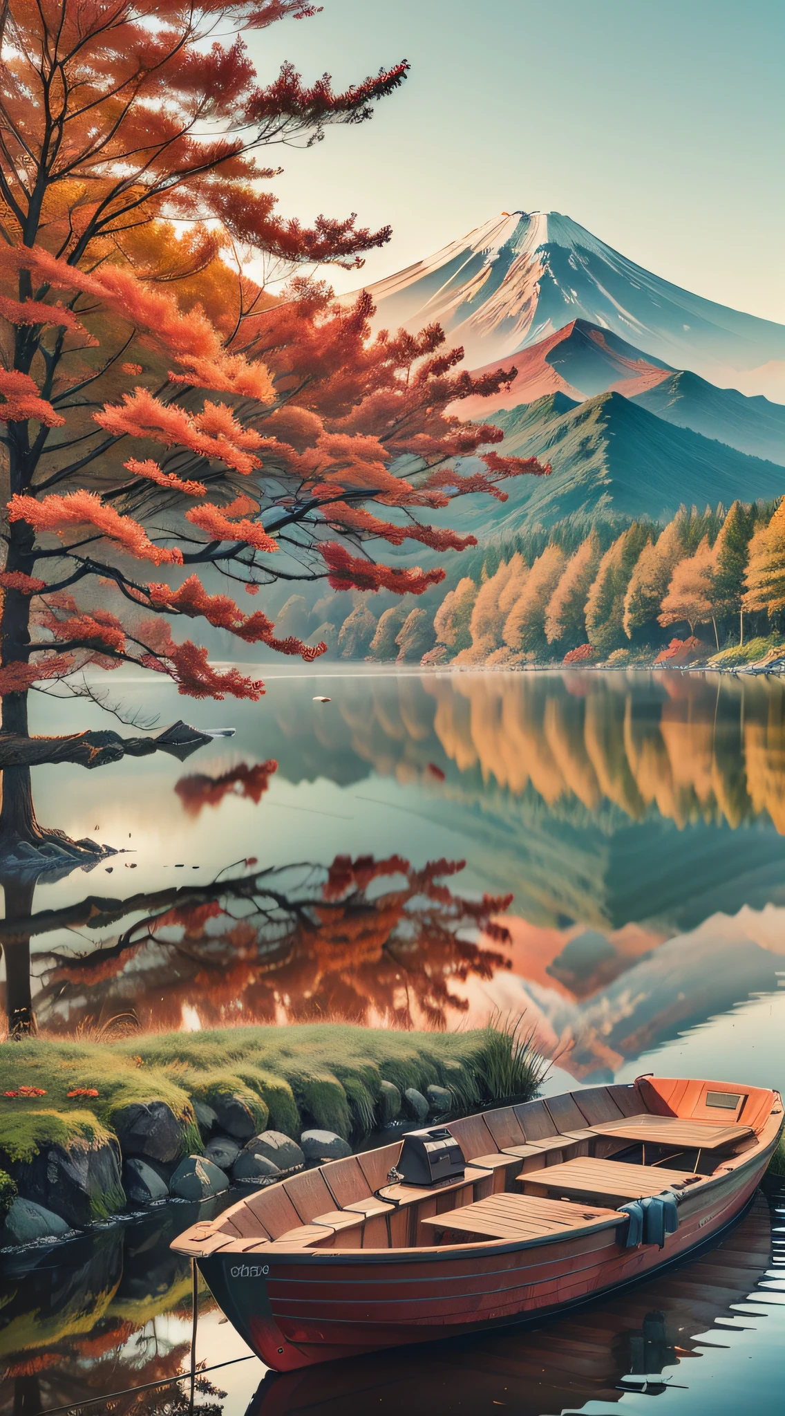 Fuji Mountain , Red Maple Tree and samll Boat with Morning Mist in Autumn, Kawaguchiko Lake, delicate, Coffinwood, graffitti, lower body shot, Photoshop, Lo-fi, game item, pure colors, Miami Metro, halfrear lighting, Ultra realistic