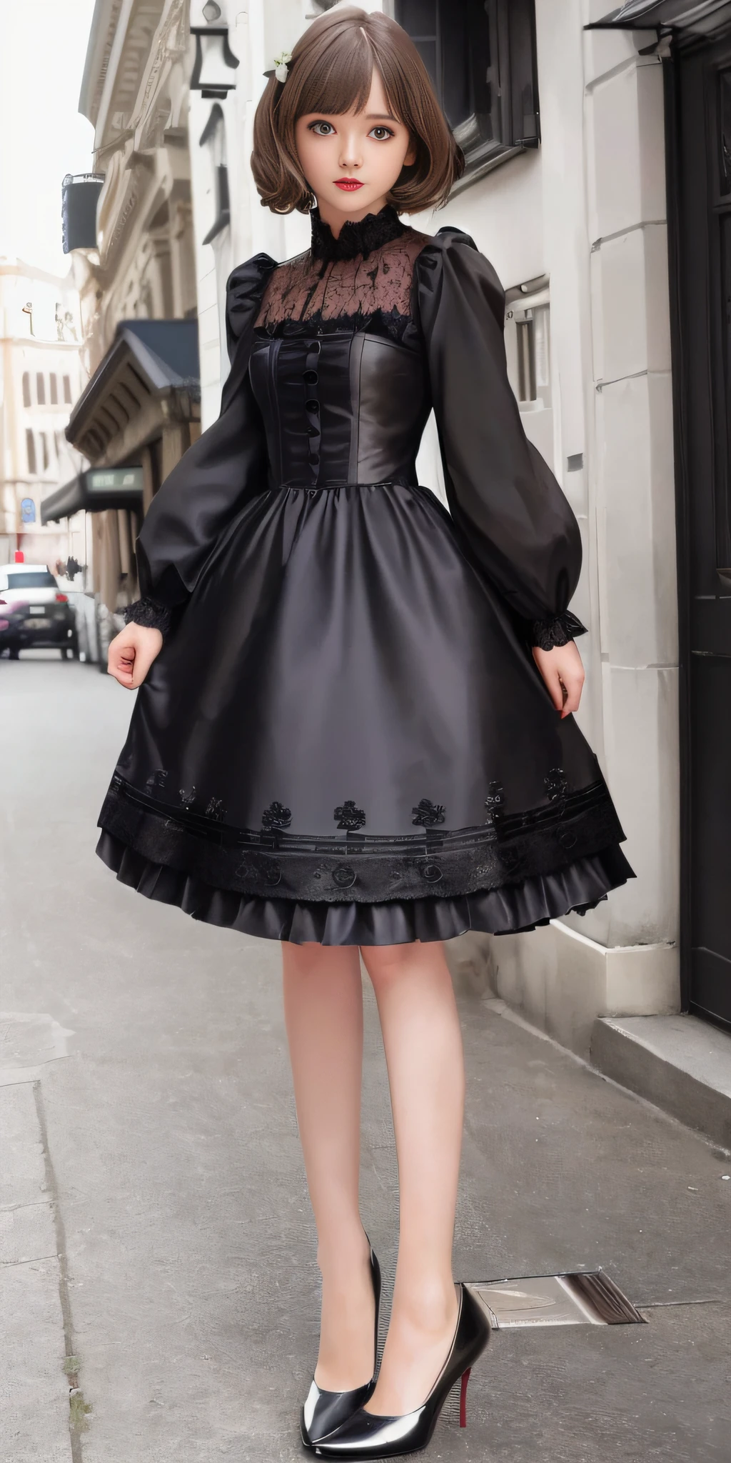 (Gothic Lolita: 1.2), (flower print: 1.2), (white long sleeves), leather shoes, 1 girl, full body, high heels, (short hair: 1.1), (realistic: 1.7), (best quality)), ridiculous, (ultra high resolution), (realistic: 1.6), realistic, octane rendering, (surreal: 1.2), (realistic face: 1.2), (8k), (4k), (masterpiece), (realistic skin texture), (illustration, movie lighting), (beautiful eyes: 1.2), (perfect face)))), (cute), (standing), (brunette hair), (short hair), dark eyes, red lips, (street),