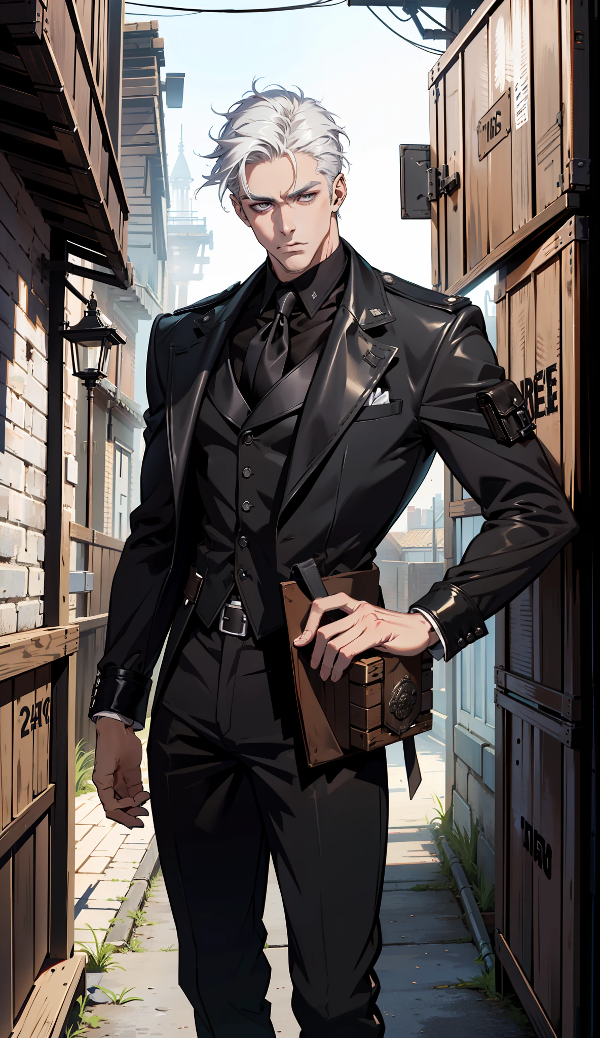 (absurd res, high res, ultra detailed), 1 male, adult, handsome, tall muscular guy, broad shoulders, white hair, finely detailed eyes, portrait, looking at viewer, solo, half shot, detailed background, detailed face, (steampunk industrial), smirk, renegade, rugged dark leather clothes, small leather pouch, high fantasy medieval setting, smuggler hideout background, stealth, undercover, (crates in background), shadows, fog, (dutch angle), closed mouth, black pants