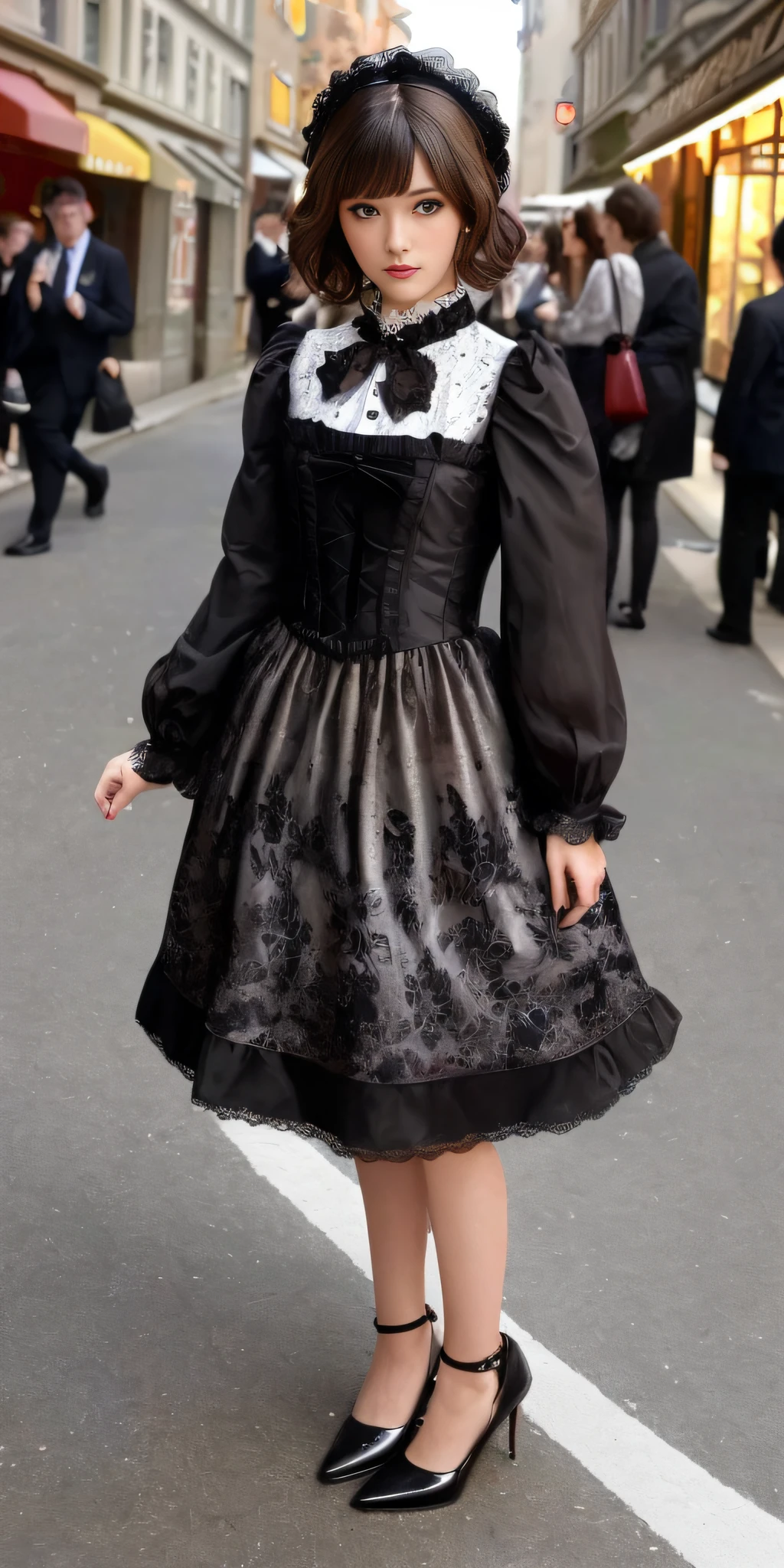 (Gothic ta: 1.2), (flower print: 1.2), (white long sleeves), leather shoes, 1 girl, full body, high heels, (short hair: 1.1), (realistic: 1.7), (best quality)), ridiculous, (ultra high resolution), (realistic: 1.6), realistic, octane rendering, (surreal: 1.2), (realistic face: 1.2), (8k), (4k), (masterpiece), (realistic skin texture), (illustration, movie lighting), (beautiful eyes: 1.2), (perfect face)))), (cute), (standing), (brunette hair), (short hair), dark eyes, red lips, (street),