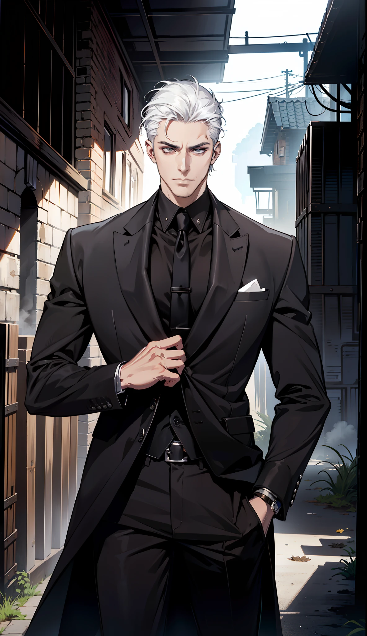 (absurd res, high res, ultra detailed), 1 male, adult, handsome, tall muscular guy, broad shoulders, white hair, finely detailed eyes, portrait, looking at viewer, solo, half shot, detailed background, detailed face, (mafia industrial), smirk, renegade, rugged dark leather clothes, small leather pouch, high fantasy medieval setting, smuggler hideout background, stealth, undercover, (crates in background), shadows, fog, (dutch angle), closed mouth, black pants, mafia style