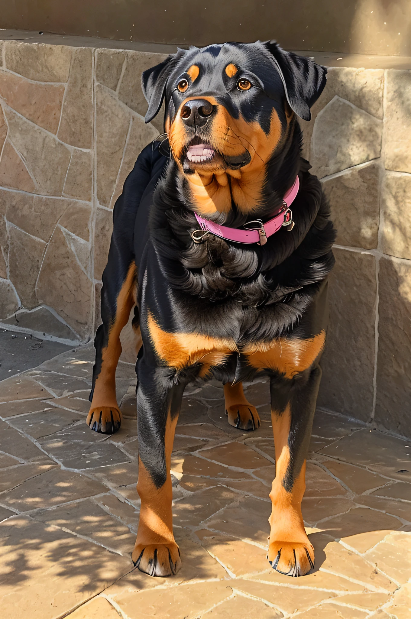 There is a dog that is on the ground in the sun, she has about , , , Maximus Jacobs, rottweiler , 5 years old, Brutus, she is facing the camera, pink coleura, on the leash written kiara in black ,looking sideways! --auto --s2