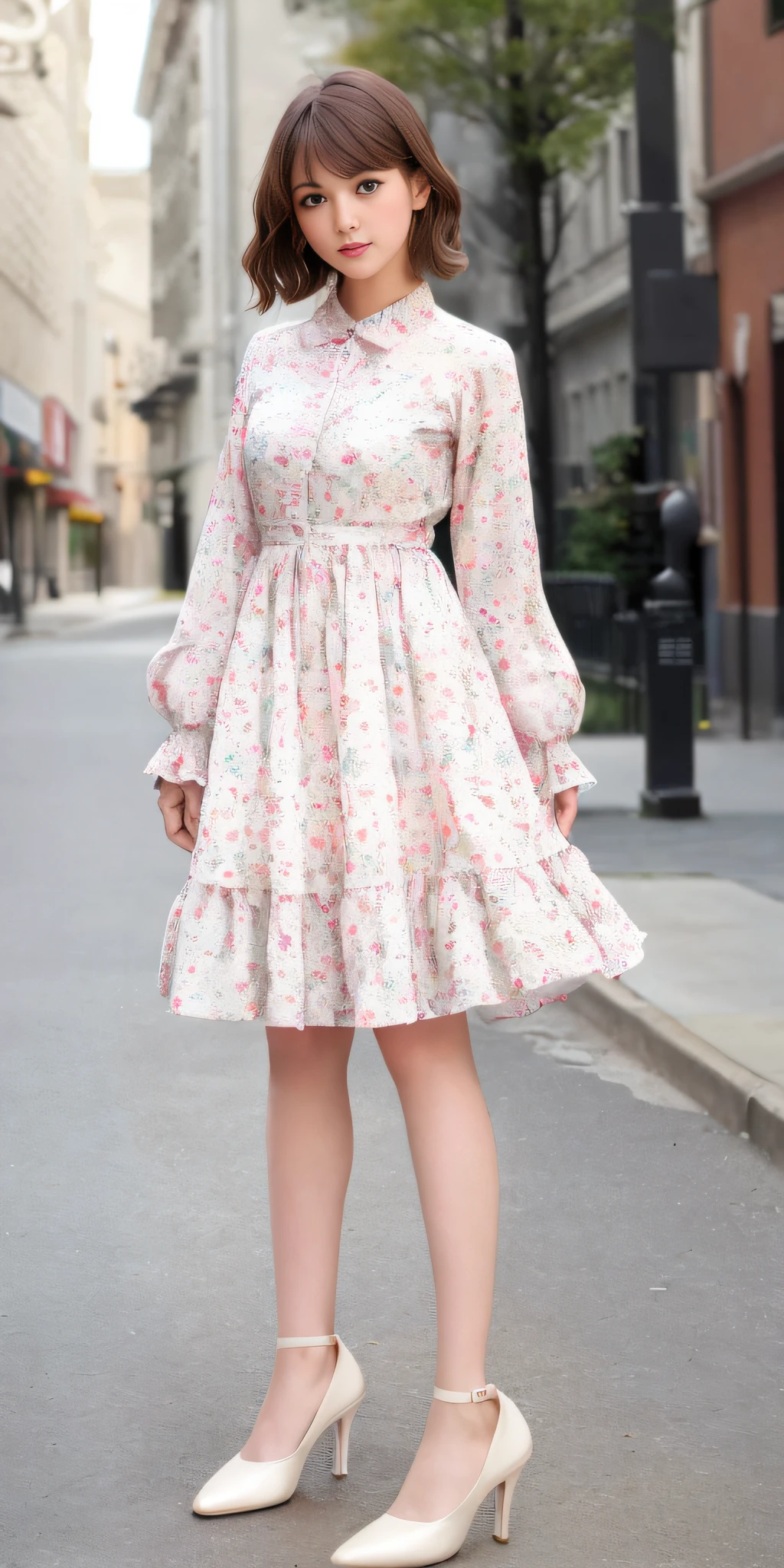 (Classical Lolita: 1.2), (Flower print: 1.2), (white long sleeves), leather shoes, 1 girl, full body, high heels, (short hair: 1.1), (realistic: 1.7), (best quality)), ridiculous, (ultra high resolution), (realistic: 1.6), realistic, octane rendering, (surreal: 1.2), (realistic face: 1.2), (8k), (4k), (masterpiece), (realistic skin texture), (illustration, movie lighting), (beautiful eyes: 1.2), (perfect face)))), (cute), (standing), (brunette hair), (short hair), dark eyes, red lips, (street),
