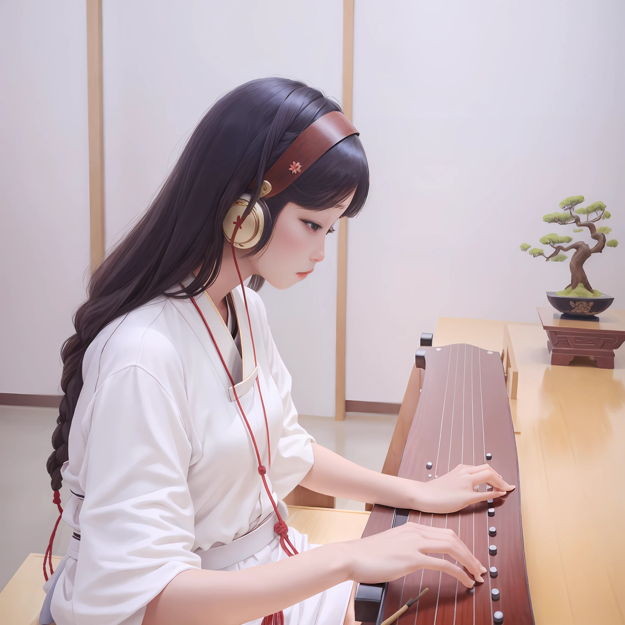 Arafeld woman wearing headphones playing instruments in the studio, Norimi Takemura, music being played, Yoshitomo Nara, Harumi, Kobi, Tokuami Kojima, ancient Chinese guqin, wooden guqin, Shiori Teyogi, Kiyoko Suzuki. White clothes, fairy, bamboo forest background, Hanfu, smoky background, blurred background, face shape baby fat, beautiful and cute