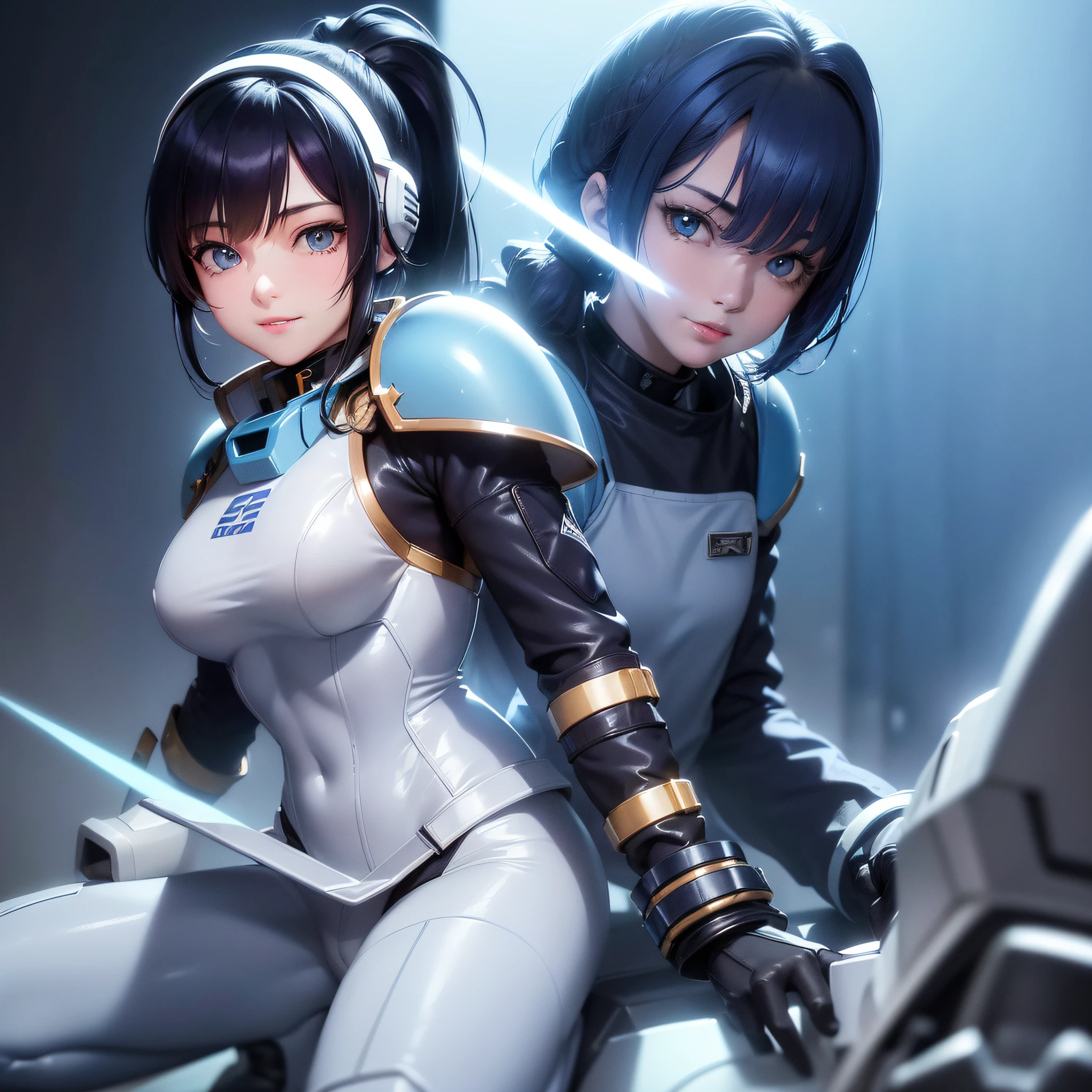Dark blue hair, short ponytail, shining eyes, happy, cheek poke, high detail, cinematic lighting, ray tracing, drop shadows, from behind, eye level shot, super detail, high quality, 4K, (masterpiece, top quality, distinct_image, very elaborate CG, detailed details, (photorealistic: 1.4), High quality textures, fine-grained, realistic face expression: (Solo, Solo Girl, Japan Face, Blue Haired Girl, Full Body, Watch Viewer, Up Ponytail, Small Size Breasts, Sparkly Blue Color Eyes, Pilot Suit in White and Blue and Black Colors, Tight Fit Clothes, Full Body Covering Clothes, Beauty, Cuteness, Slim Body, Exoskeleton, Dynamic Angle, Dynamic Pose , Light on Face, white and blue and black metal armor, heroine, helmet, boots, light smile, golden hour lighting, detailed Gundam cockpit of a solo ride)