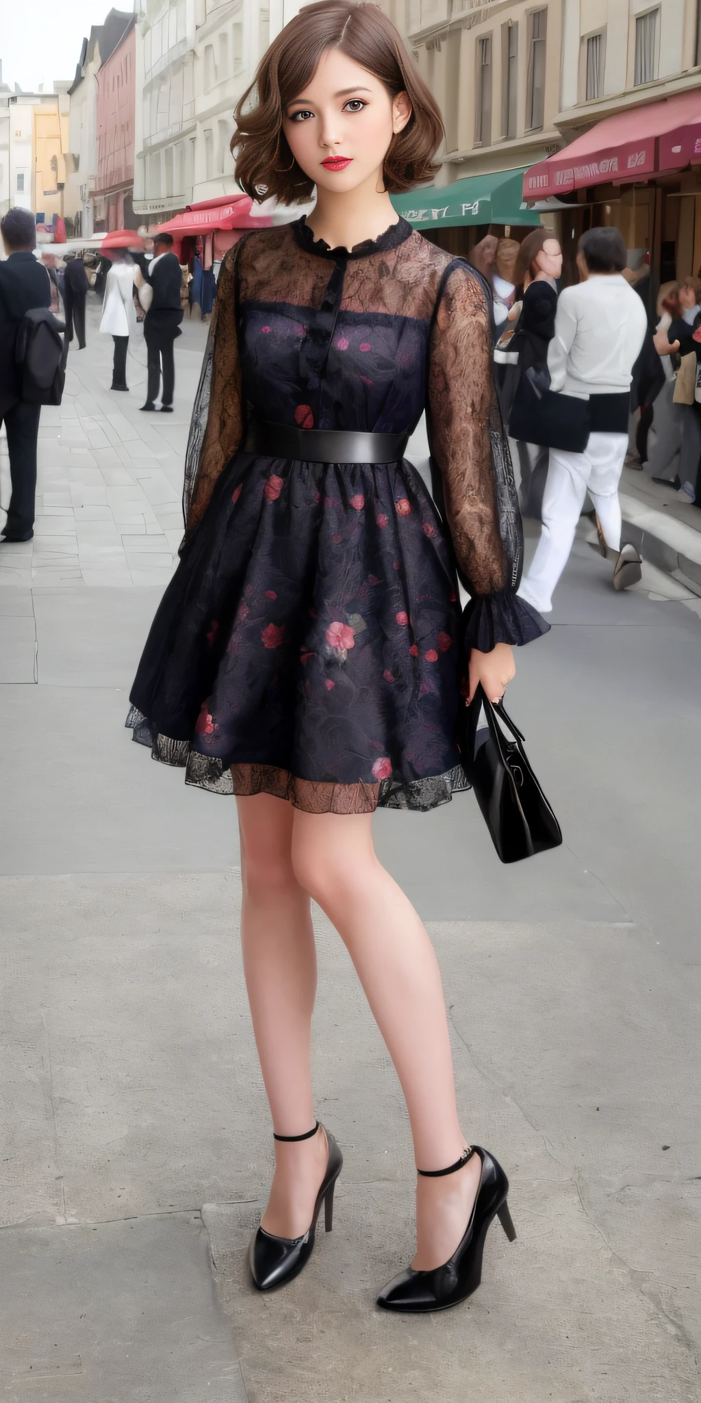 (Classical Lolita: 1.2), (Flower print: 1.2), (white long sleeves), leather shoes, 1 girl, full body, high heels, (short hair: 1.1), (realistic: 1.7), (best quality)), ridiculous, (ultra high resolution), (realistic: 1.6), realistic, octane rendering, (surreal: 1.2), (realistic face: 1.2), (8k), (4k), (masterpiece), (realistic skin texture), (illustration, movie lighting), (beautiful eyes: 1.2), (perfect face)))), (cute), (standing), (brunette hair), (short hair), dark eyes, red lips, (street),